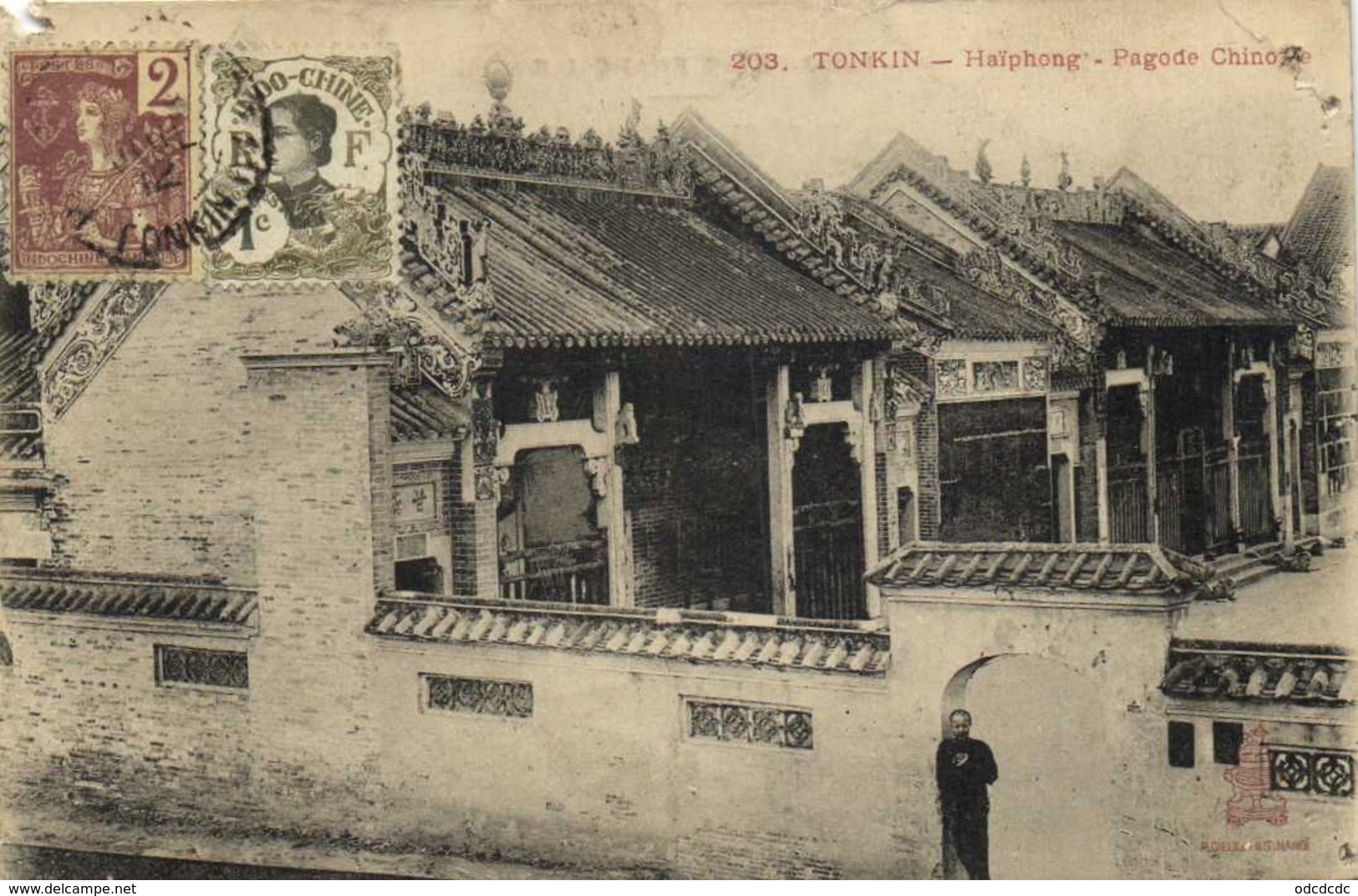 TONKIN Haiphong Pagode Chinoise  + Beaux Timbres 2c +1cIndochine RV - Vietnam