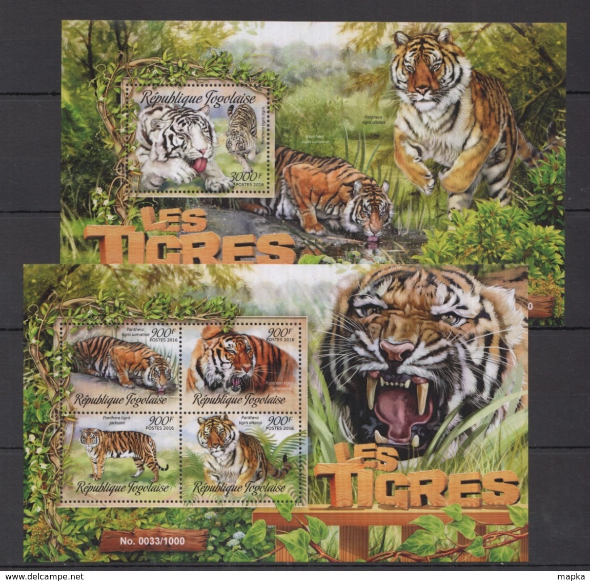 TG019 2016 TOGO TOGOLAISE FAUNA ANIMALS WILD BIG CATS TIGERS LES TIGRES KB+BL MNH - Big Cats (cats Of Prey)