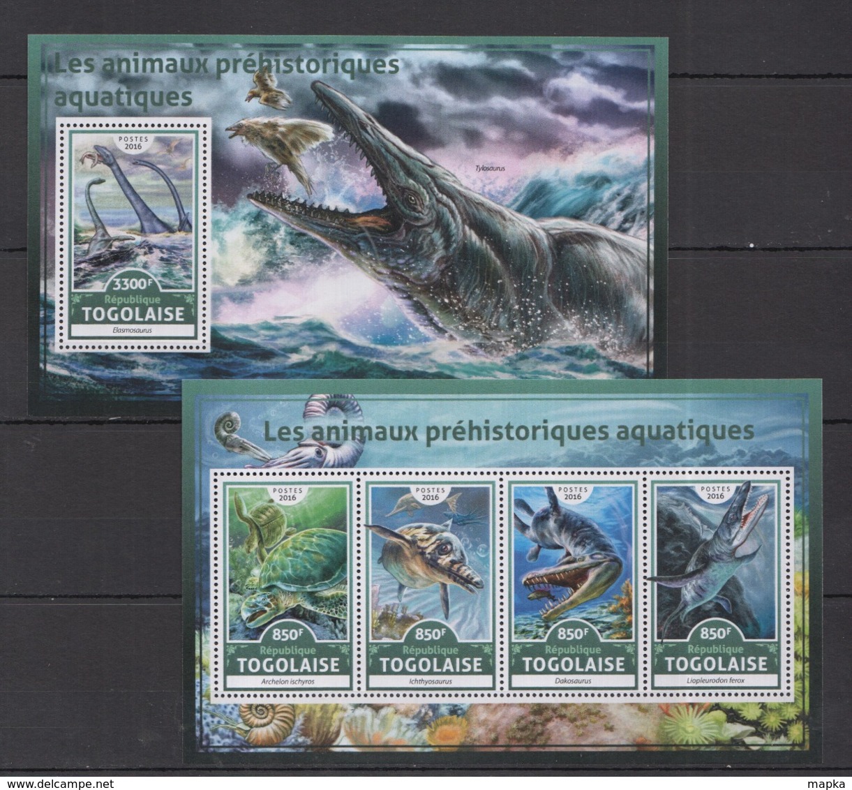 TG024 2016 TOGO TOGOLAISE FAUNA DINOSAURS PREHISTORIC WATER ANIMALS AQUATIQUES KB+BL MNH - Prehistorisch