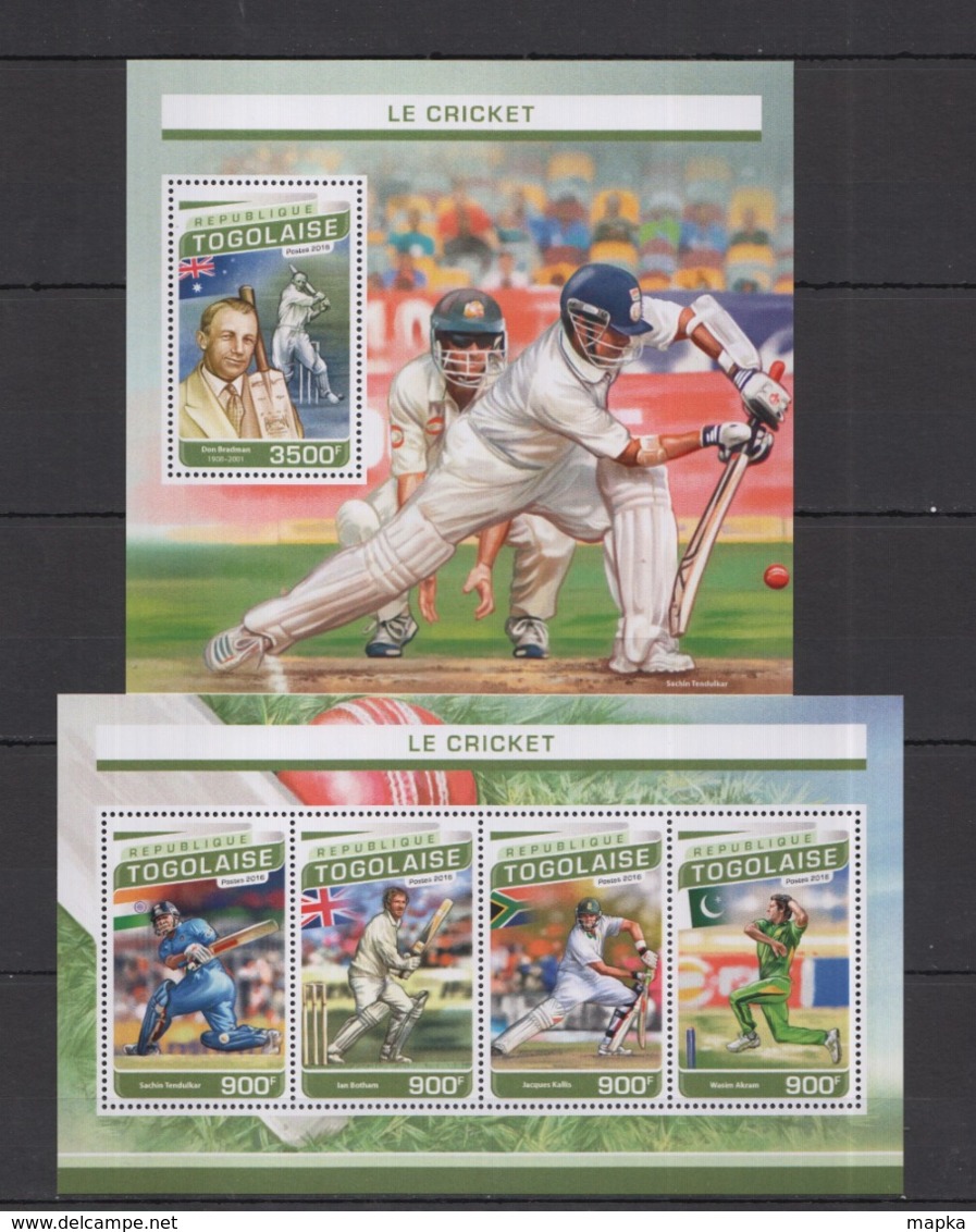 TG189 2016 TOGO TOGOLAISE SPORT LE CRICKET BRADMAN BOTHAM KALLIS AKRAM KB+BL MNH - Cricket