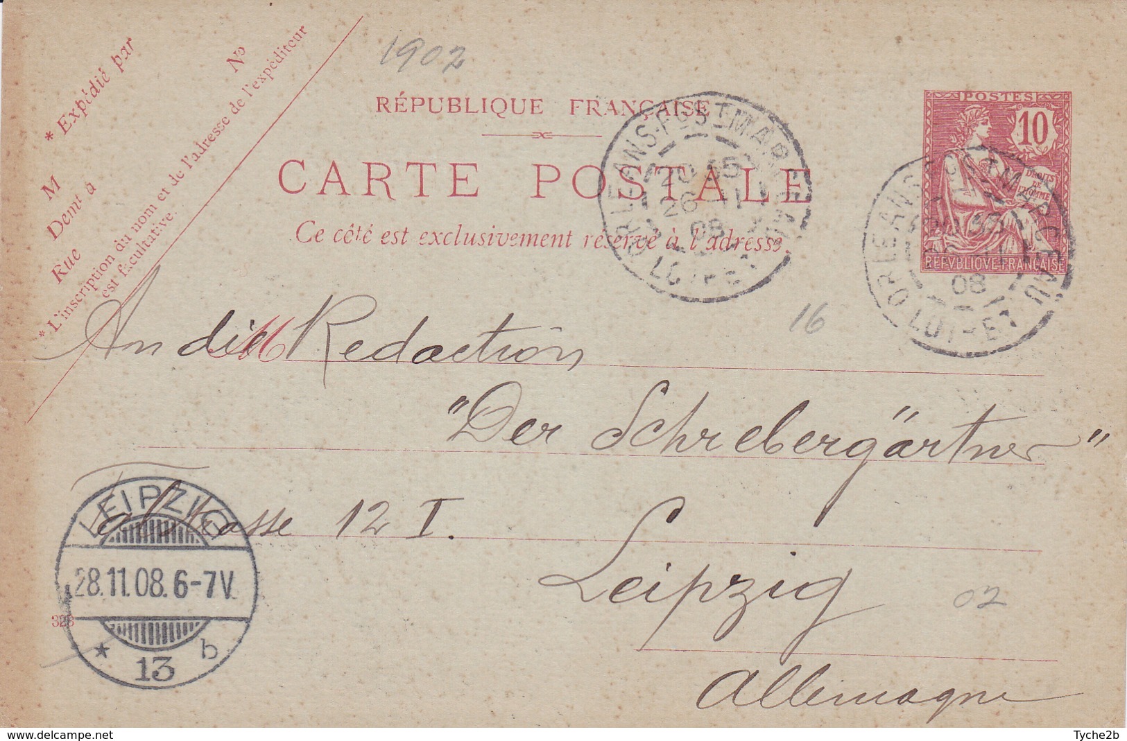 Carte Mouchon Retouché 10 C Rose D1 Oblitérée à Destinationde L'Allemagne Repiquage Barbier - Cartes Postales Repiquages (avant 1995)