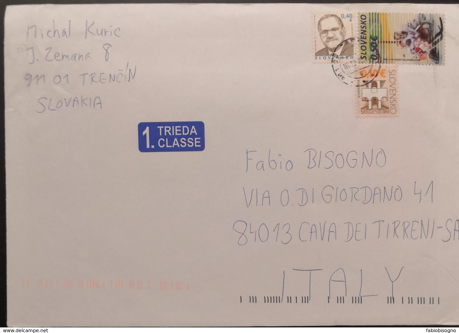 2012 Slovacchia - Hockey € 0,50 - Used Stamps On First Class (label) Cover To Italy - Covers & Documents