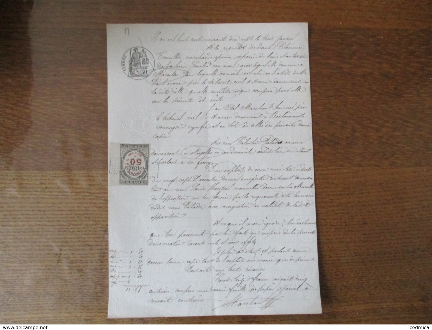 3 JANVIER 1877 A LA REQUETE DE CLEMENCE TROUILLET MARCHANDE A MAROILLES A SEBASTIEN PALADRE A NOYELLES TIMBRE COPIES 50 - Manuskripte