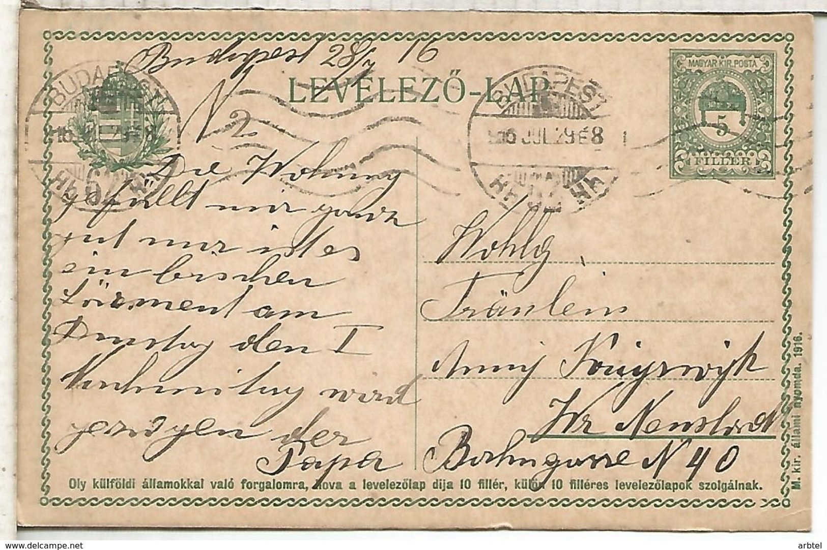 HUNGRIA BUDAPEST ENTERO POSTAL 1916 - Enteros Postales