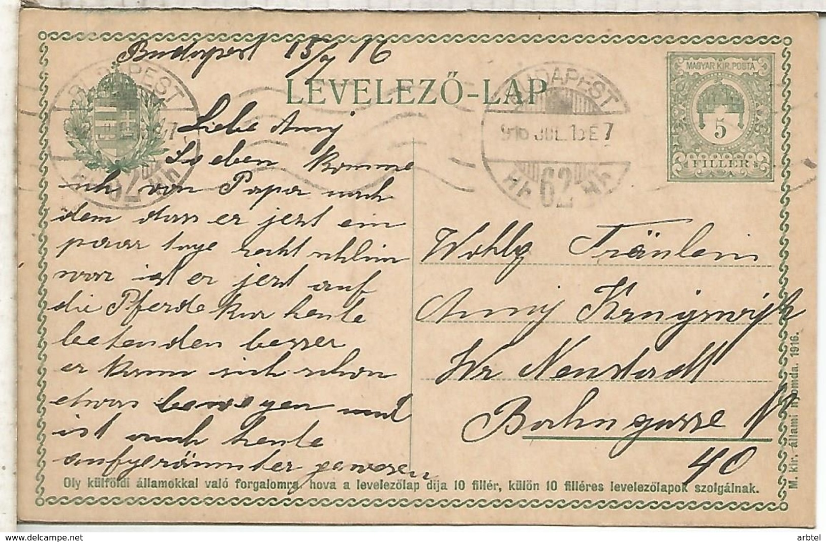 HUNGRIA BUDAPEST ENTERO POSTAL 1916 - Enteros Postales