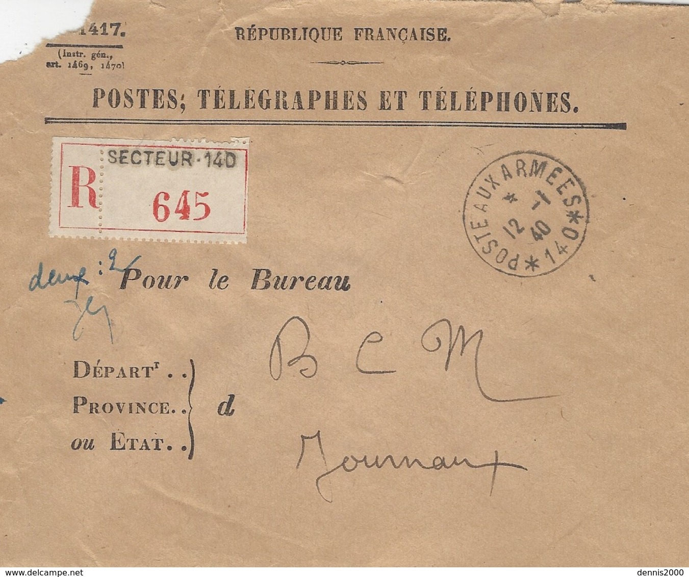 1940-enveloppe Des PTT  Recc.  Avec Cad " POSTE AUX ARMEES * N° 140 *  " Secteur Fortifié De Rohrbach - Guerre De 1939-45