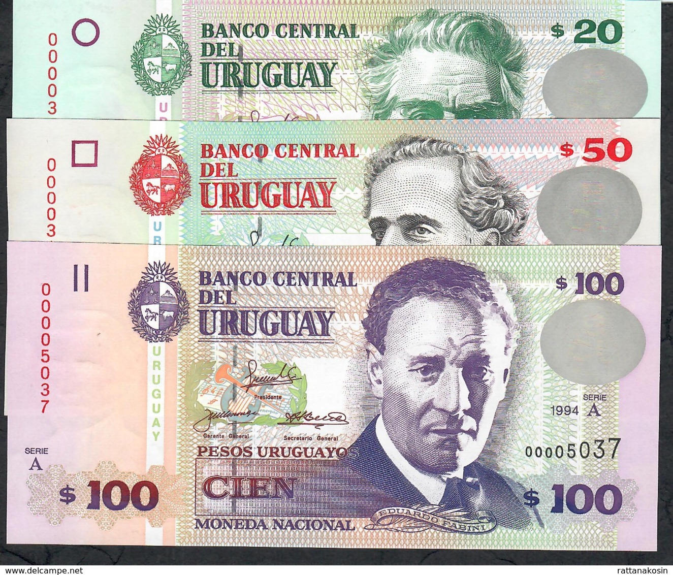 URUGUAY LOW NUMBERS P74a,75a,76a :20,50,100 P.U. 1994 ALL #0000---- - Uruguay