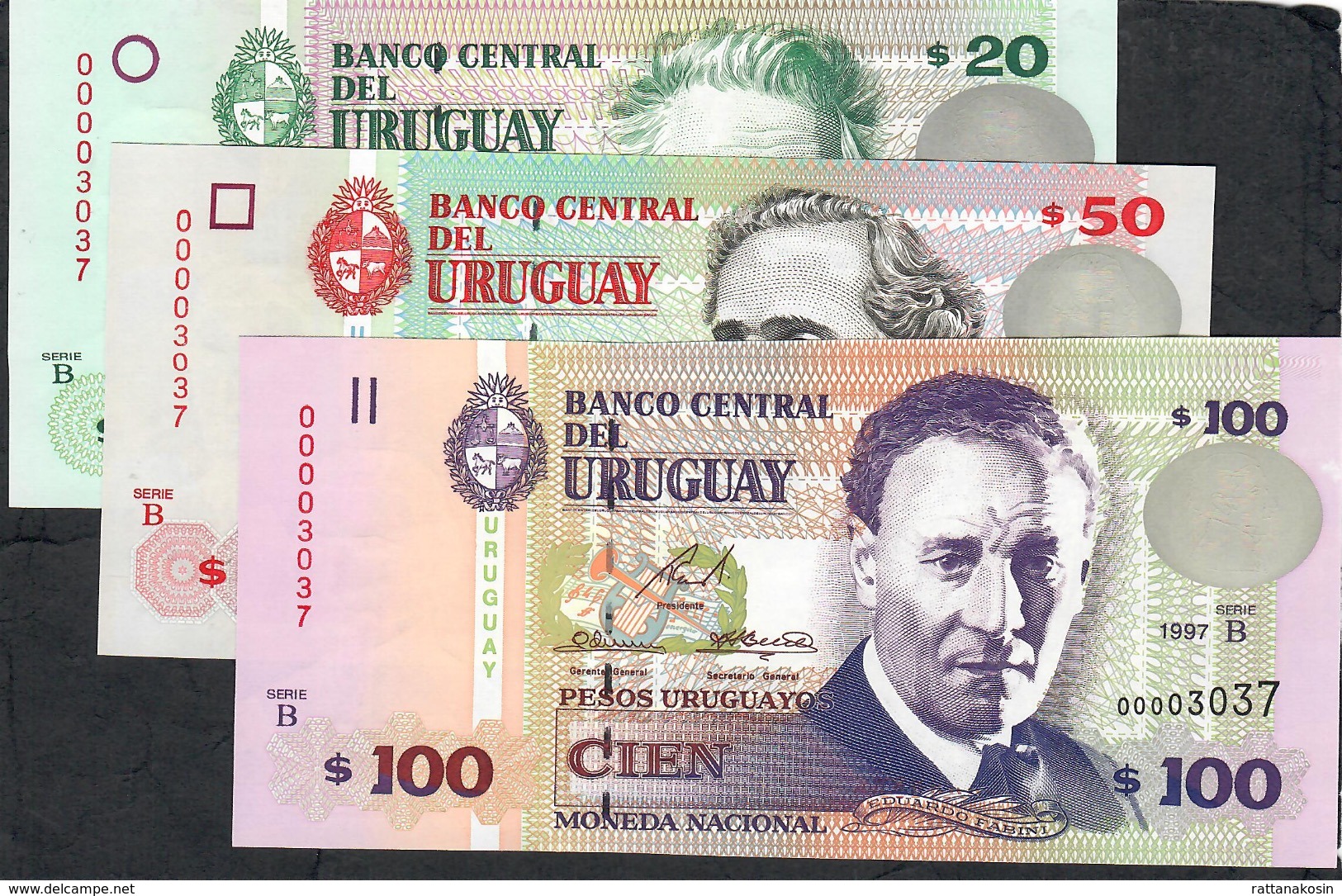 URUGUAY SAME LOW NUMBERS P74b,75b,76b :20,50,100 P.U. 1997-2000 ALL #00003037 UNC. - Uruguay