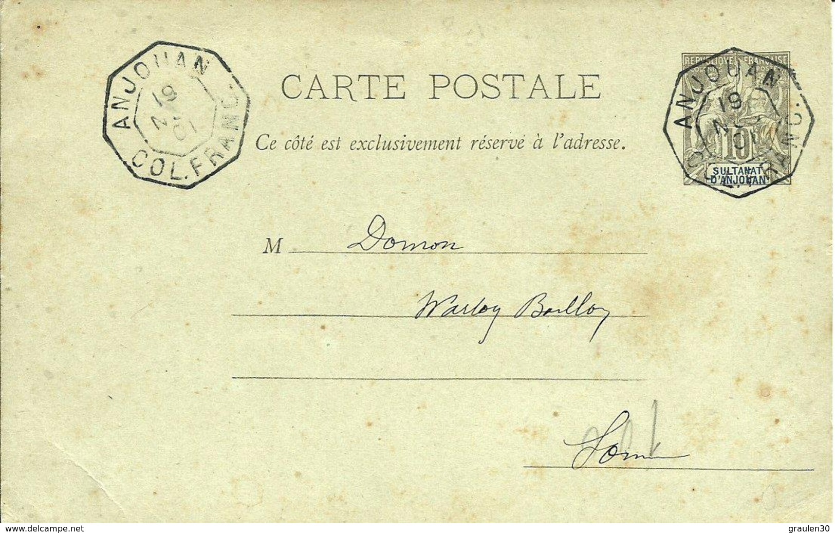 Sur CP  Entier 10C Obl .du Cachet Octogonal De 1892 " ANJOUAN COL.FRANC." - 1901 - - Briefe U. Dokumente