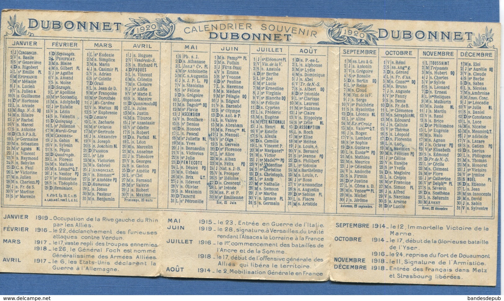 Apéritif Vin DUBONNET Calendrier 3 Volets Souvenir 1920 Affiche ART DECO étapes Guerre 14  18 Alsace - Klein Formaat: 1901-20