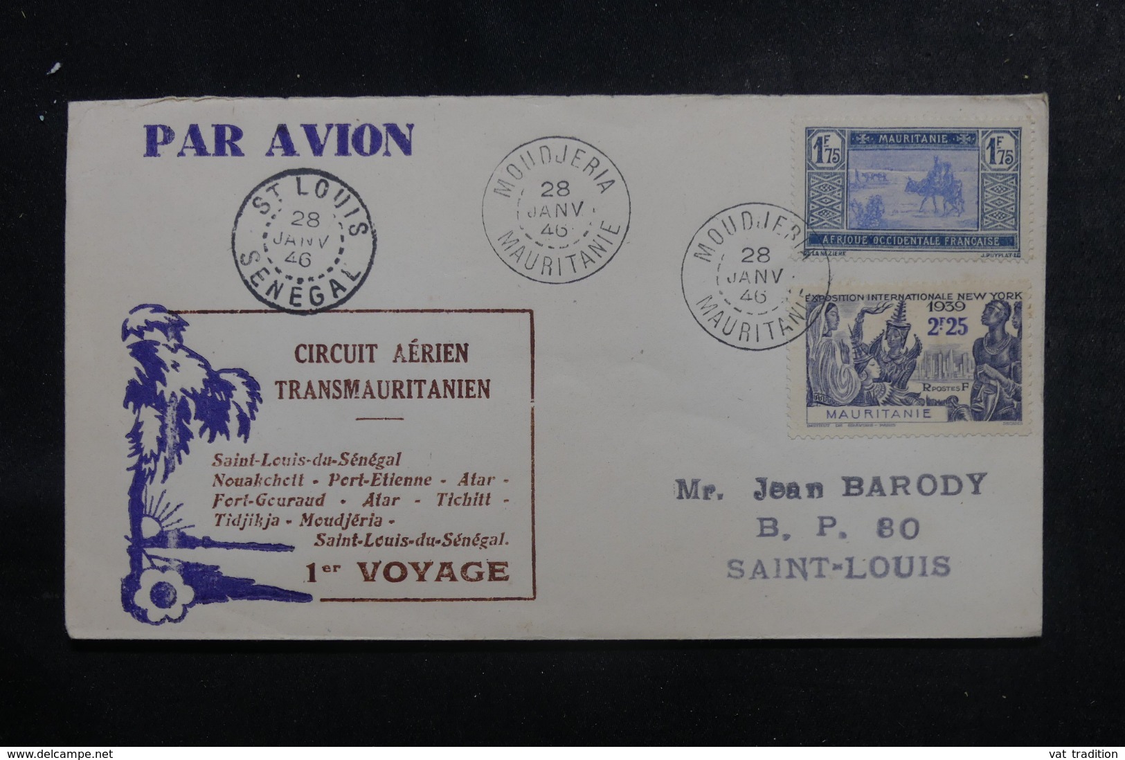 MAURITANIE - Enveloppe Du 1er Voyage Du Circuit Aérien Transmauritanien En 1946, Affranchissement Plaisant - L 45839 - Cartas & Documentos