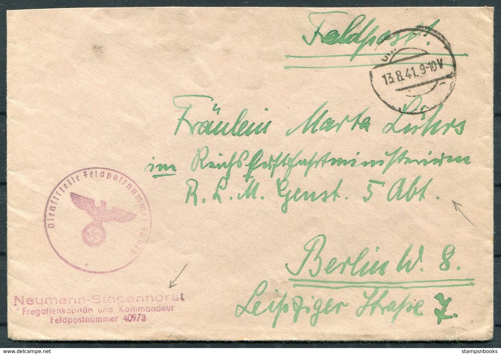 1941 Germany Navy Fieldpost Feldpost 40973 Cover - Aviation Ministry, Berlin. - Covers & Documents