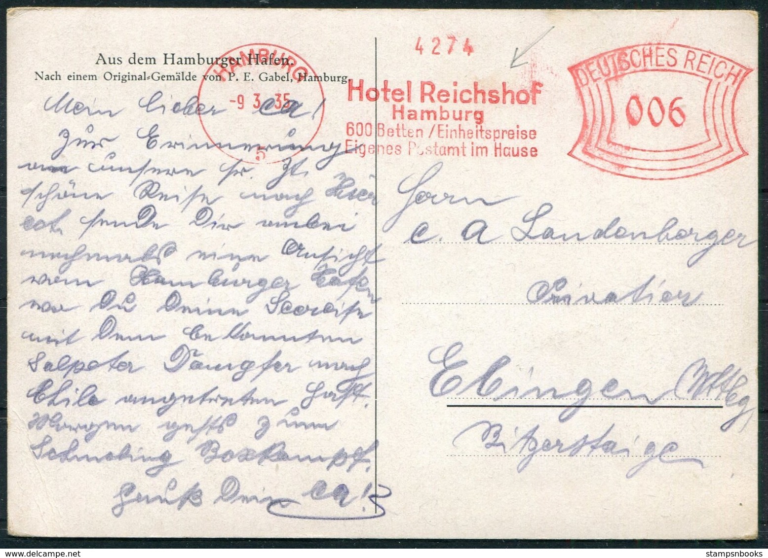 Germany Hamburg 2 X Harbour Hafen Ship Postcards. Hotel Reichshof Franking Machine, Freistempel - Covers & Documents