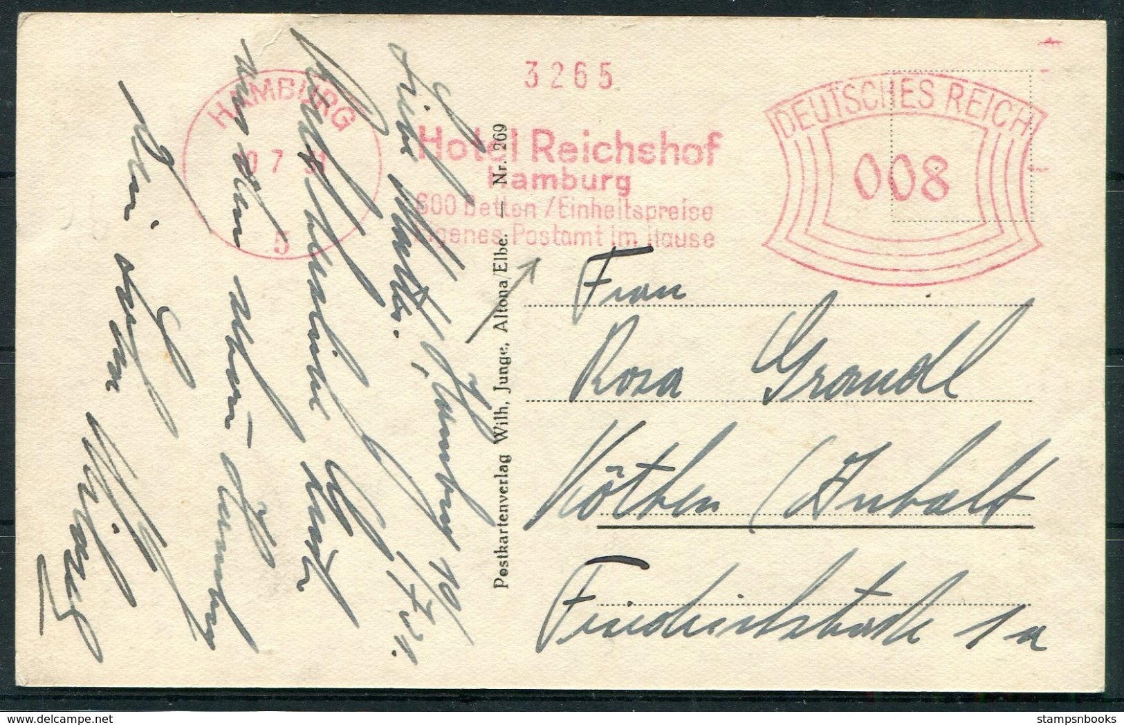 Germany Hamburg 2 X Harbour Hafen Ship Postcards. Hotel Reichshof Franking Machine, Freistempel - Covers & Documents