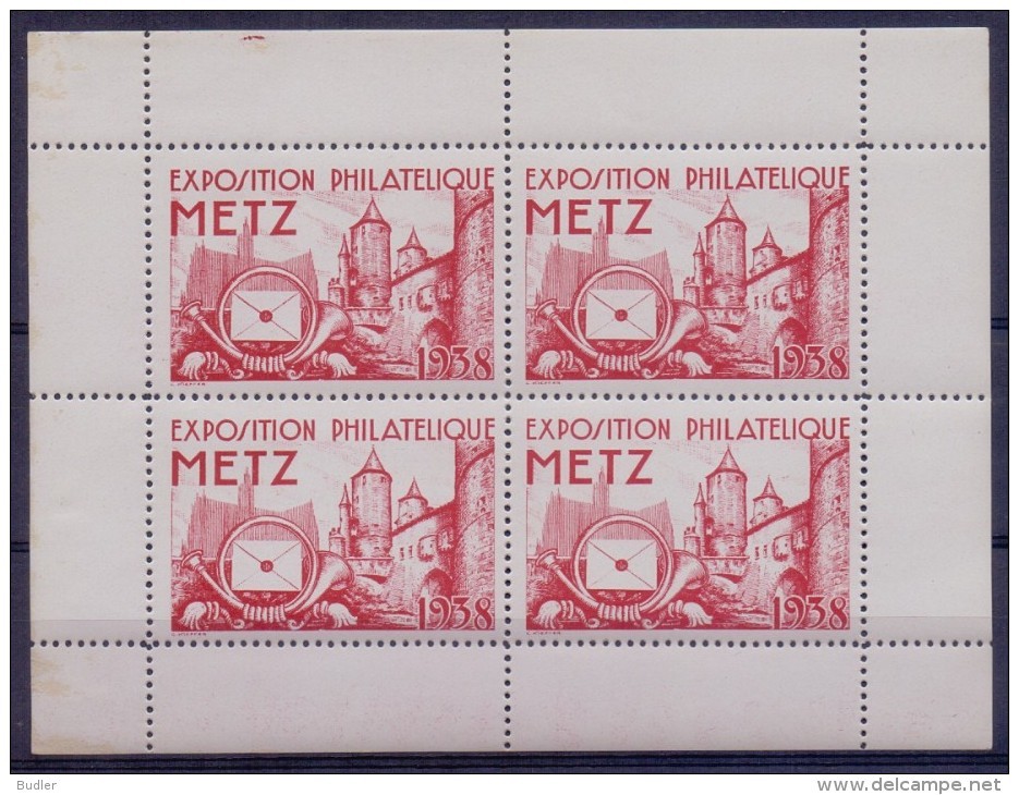 FRANCE:1938:Bloc De 4 Vignettes/Cinderellas–MNH:##Exposition Philatélique-METZ##:PHILATELY,ARCHITECTURE,LETTER,POST HORN - Erinofilia