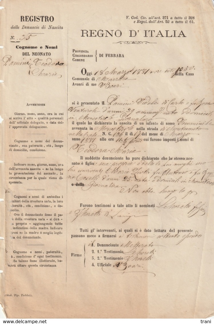 DOCUMENTO DEL REGNO D'ITALIA - Anno 1881 - Italia