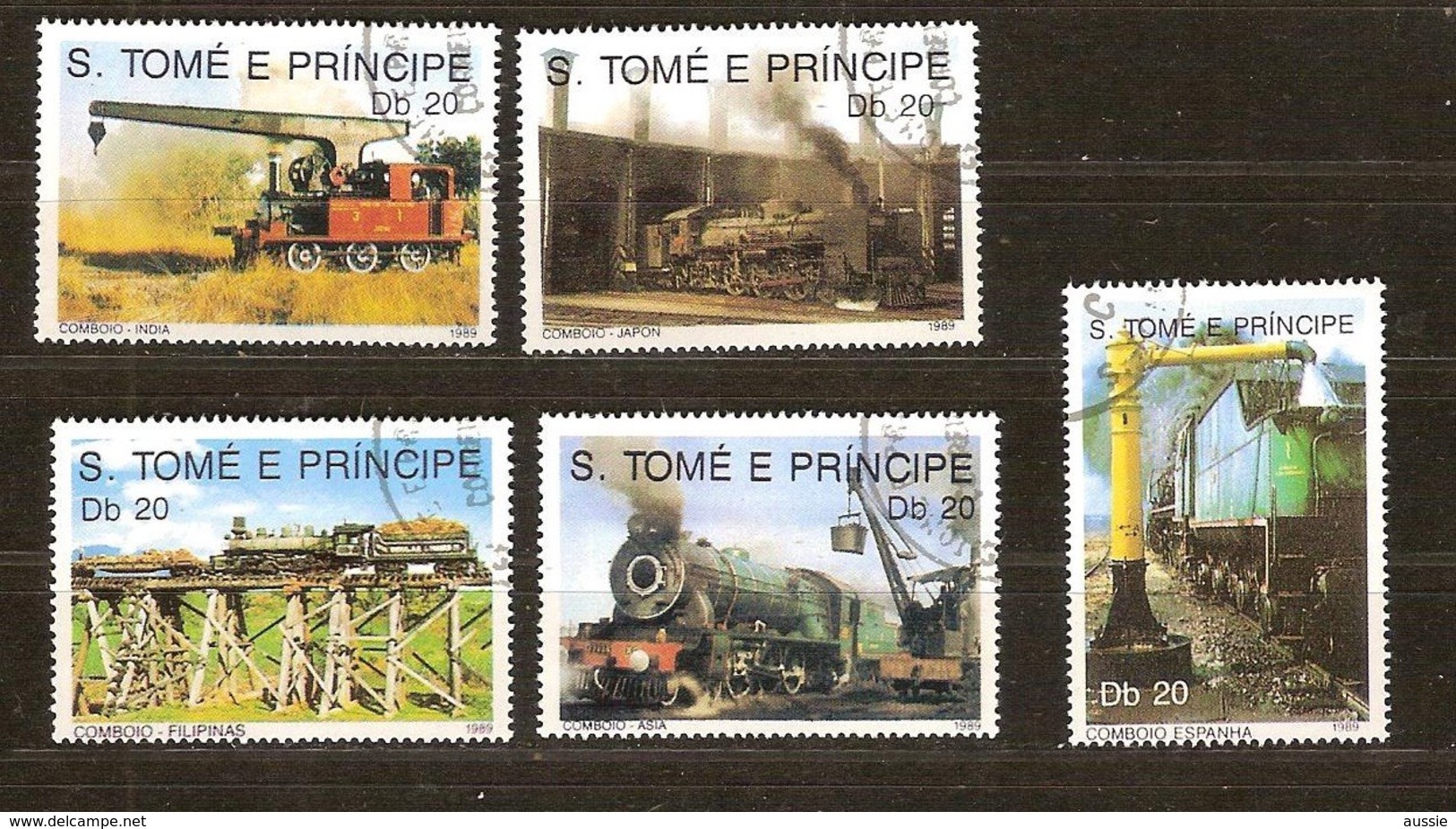 St-Thome Et Principe 1989 Yvertn° 960-964 (°) Oblitéré Cote 5 € Chemin De Fer Treinen Trains - Sao Tomé Y Príncipe