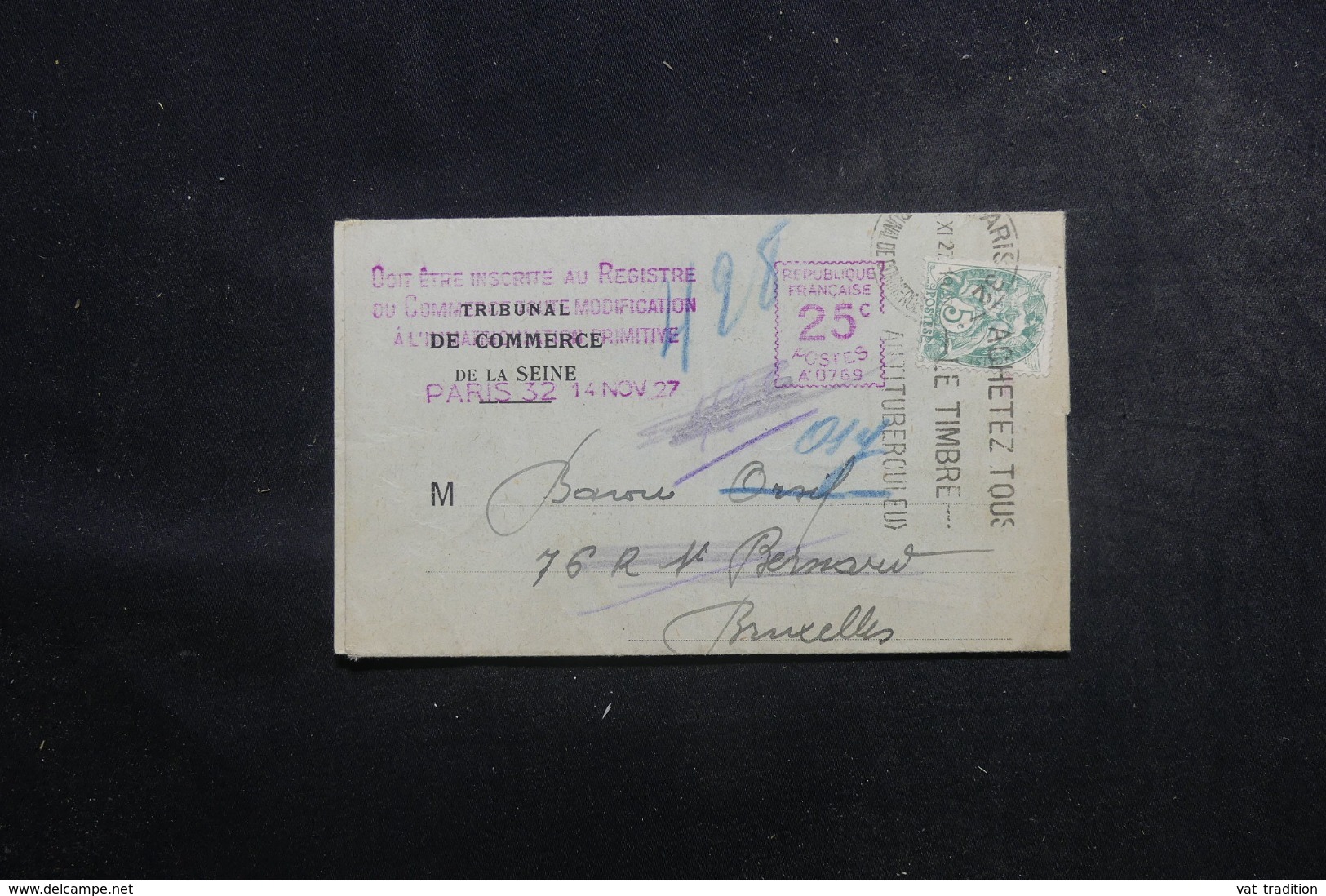 FRANCE - Lettre Du Tribunal De Commerce De Paris Pour Bruxelles En 1927, Affranchissement Blanc + Mécanique - 45888 - 1921-1960: Période Moderne