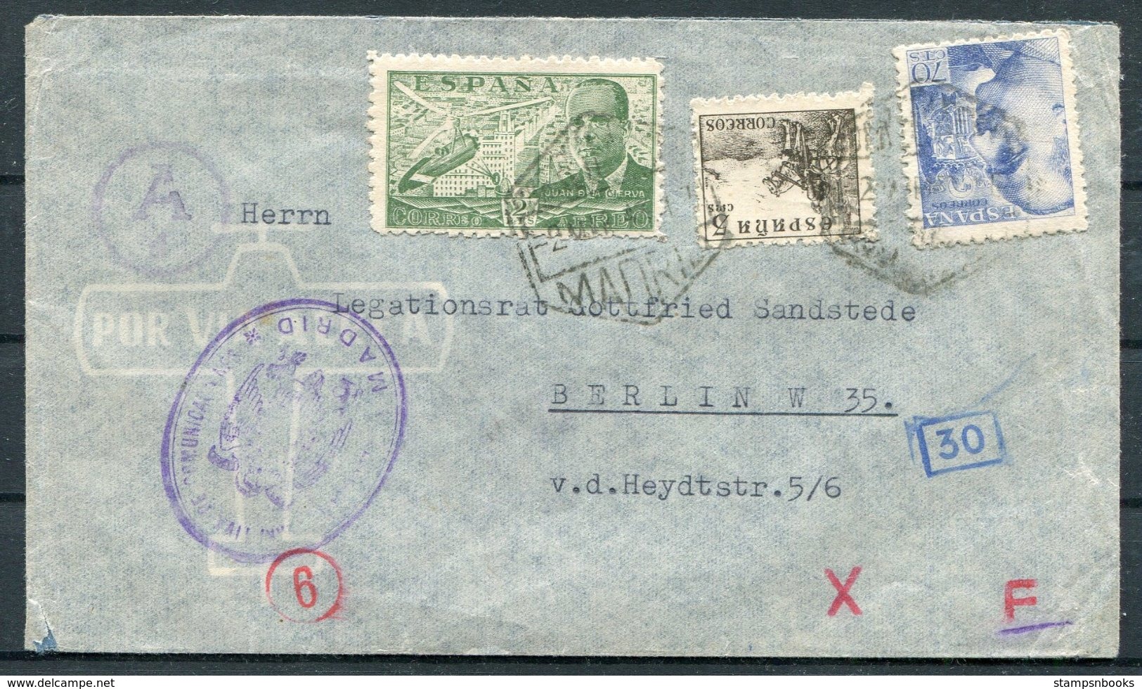 1943 Spain Airmail Censor Cover Madrid - Berlin Germany. Legationsrat - Covers & Documents