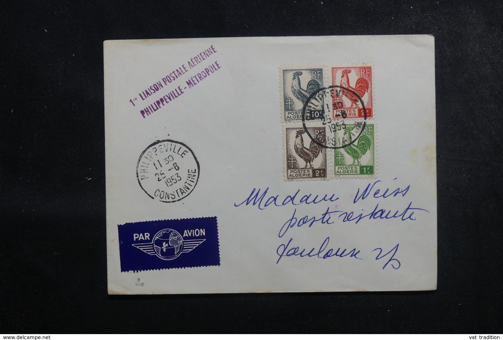 ALGÉRIE - Enveloppe 1er Vol Philippeville / France En 1953, Affranchissement Plaisant - L 45901 - Briefe U. Dokumente