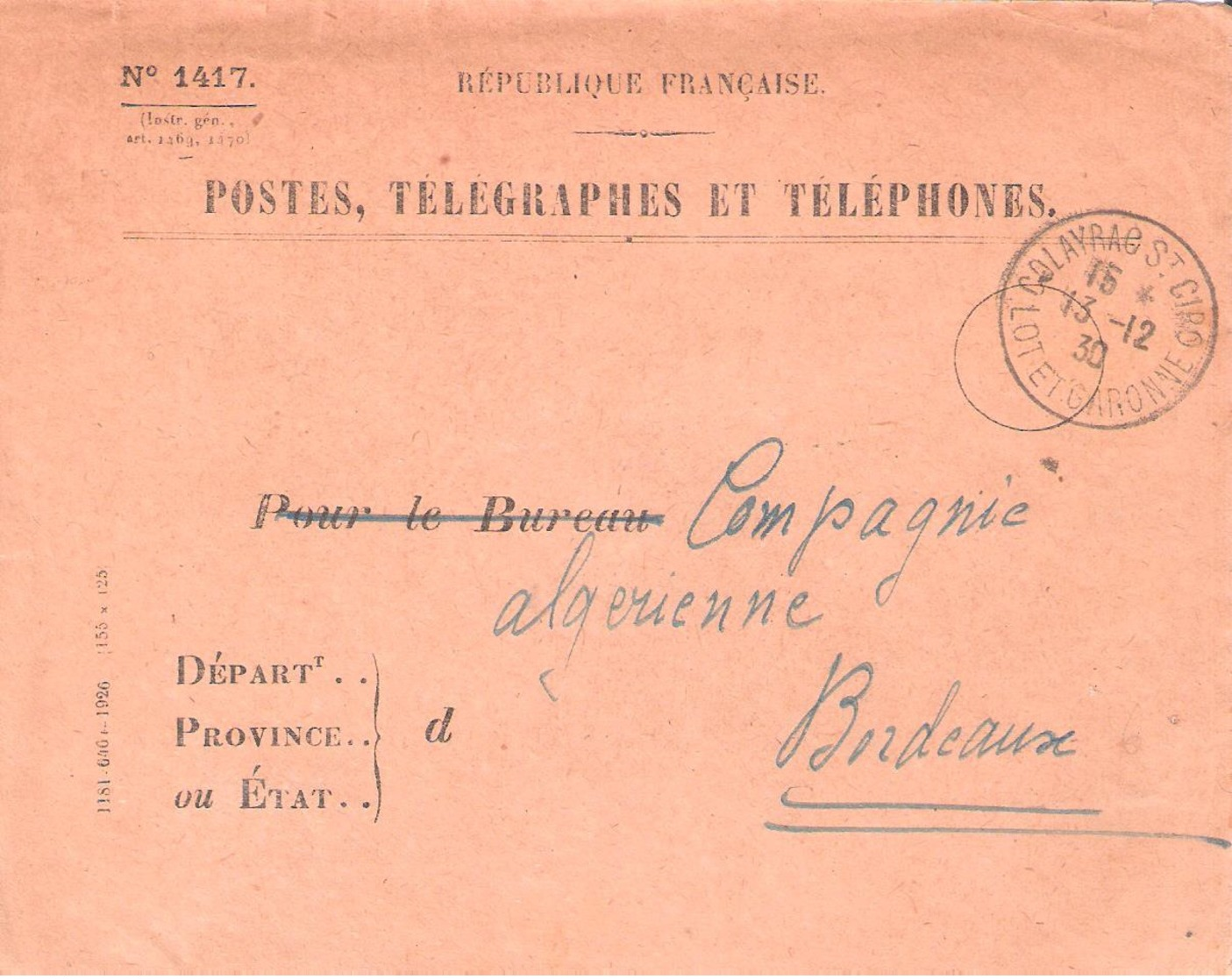 Lot Et Garonne :- COLAYRAC ST CIRO Dateur Type A4 Sur Enveloppe En Franchise Des POSTES - 1921-1960: Période Moderne