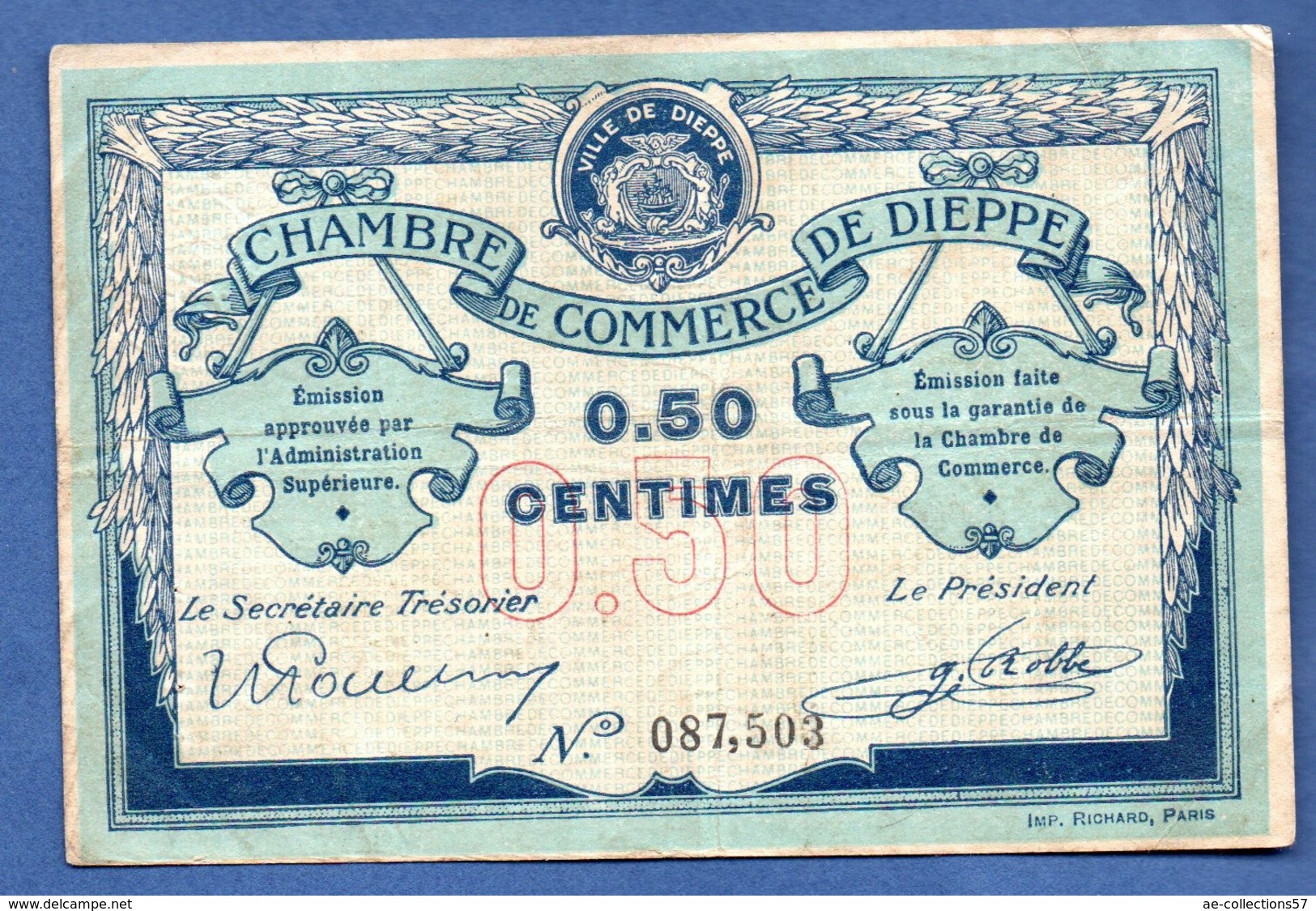 Dieppe   - 50 Centimes   - état TTB - Chambre De Commerce