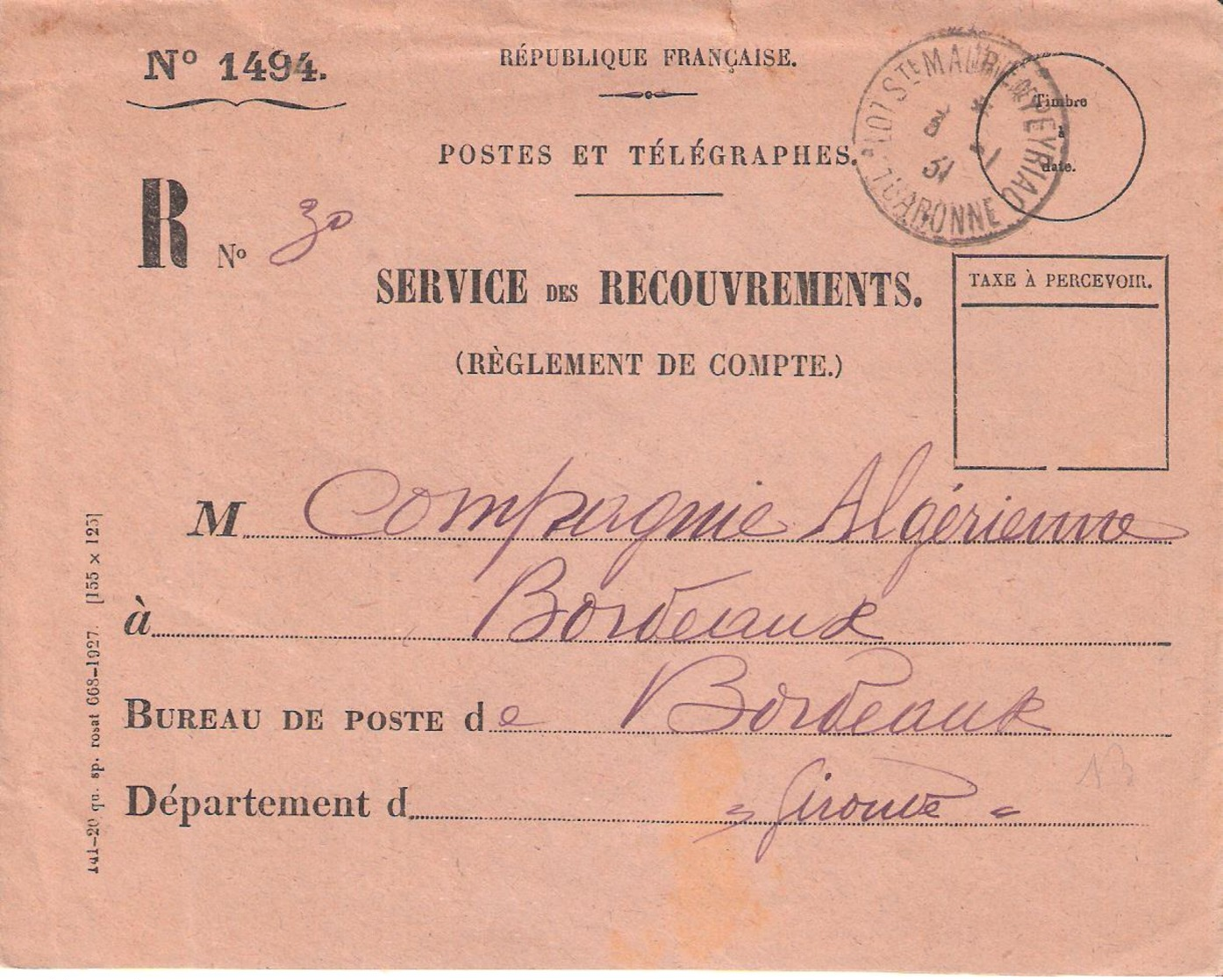 Lot Et Garonne :- ST MAURICE DE PEYRIAC Dateur Type A4 Sur Enveloppe Recommandée Des RECOUVREMENTS - 1921-1960: Période Moderne