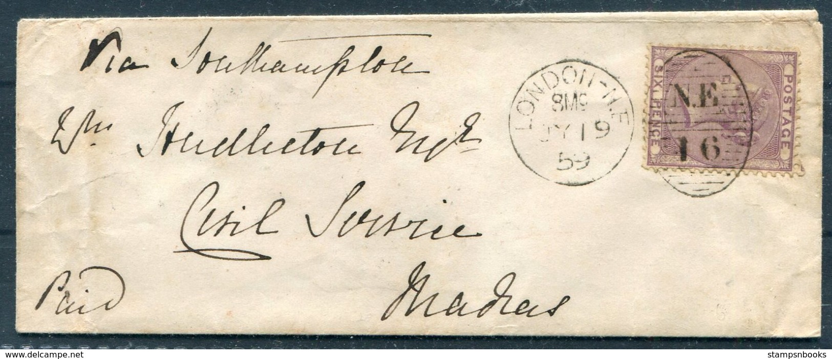1859 GB 6d Cover London NE16  - Civil Service, Madras India Via Southampton. Hackney Church Street U.D.C. - Lettres & Documents