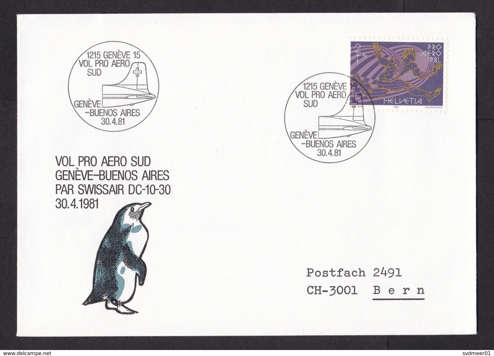 Switzerland: Special Flight Cover, 1981, 1 Charity Stamp, Swissair Geneva-Buenos Aires, Penguin (traces Of Use) - Lettres & Documents