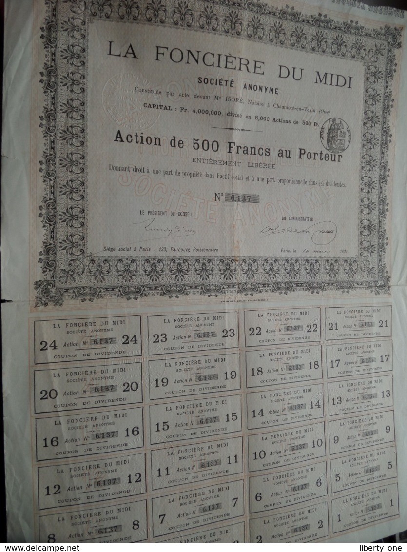 La Foncière Du Midi / Action De 500 Francs Au Porteur - N° 6137 ( Zie/Voir Foto ) ! - J - L