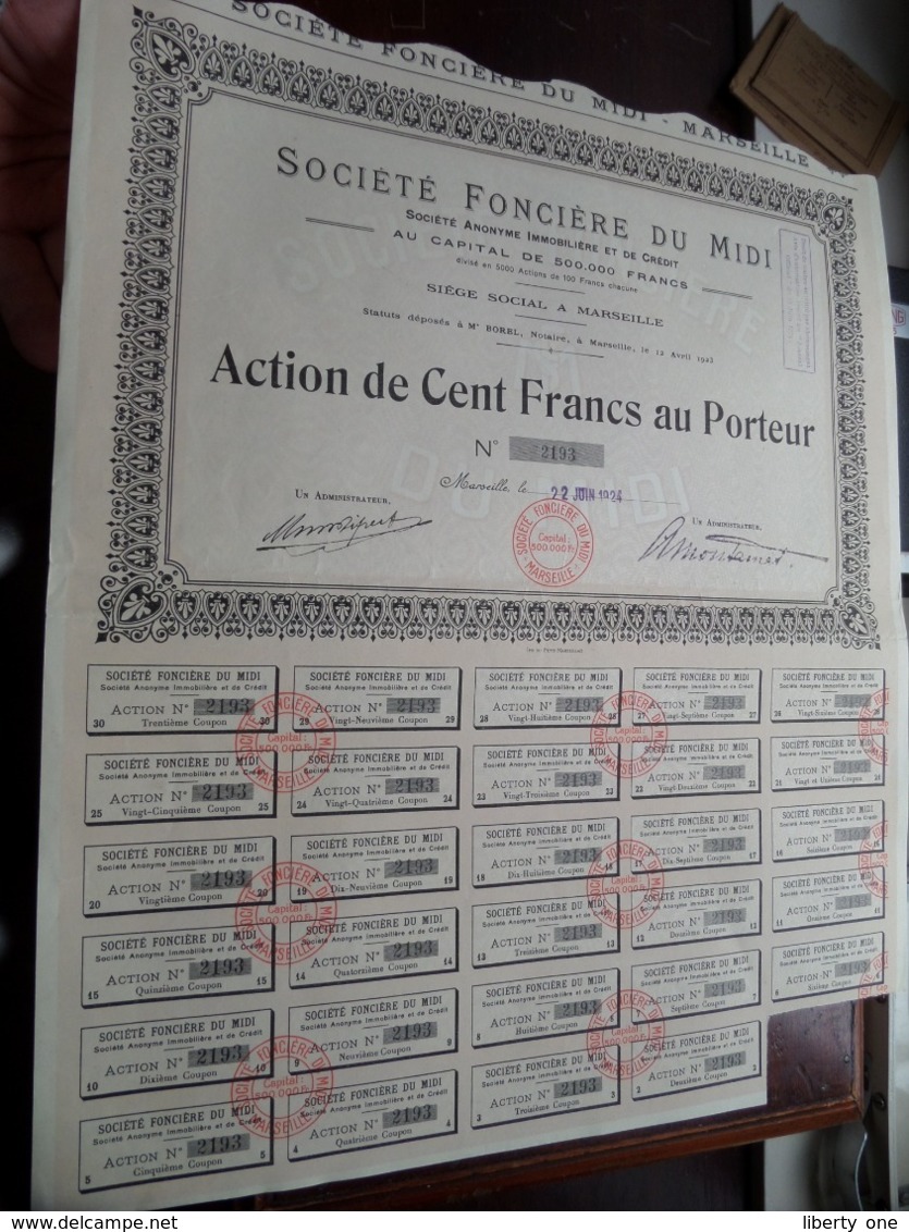 Soc. Foncière Du Midi / Action De Cent Francs Au Porteur 1924 - N° 2193 ( Zie/Voir Foto ) ! - S - V