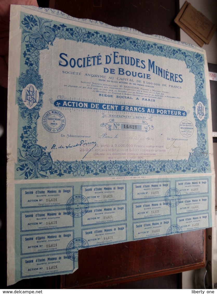 Société D'Etudes Minières De Bougie / Action De Cent Francs Au Porteur - N° 14,621 ( Zie/Voir Foto ) ! - Mineral