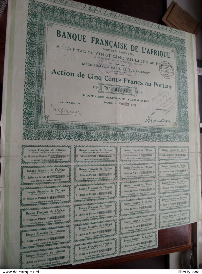 Banque Française De L'AFRIQUE / Action De Cinq Cents Francs Au Porteur 1926 - N° 041,940 ( Zie/Voir Foto ) ! - Banque & Assurance