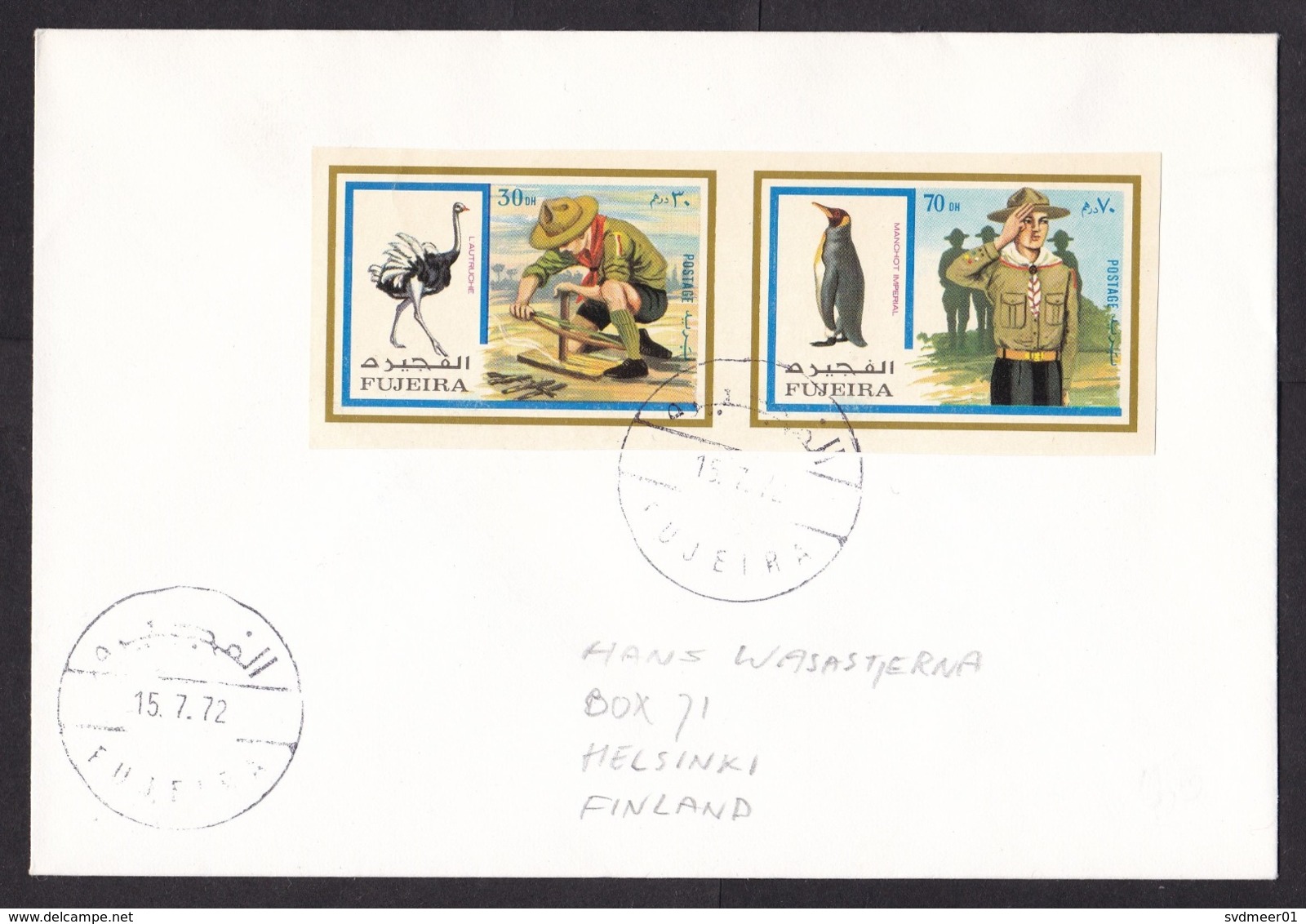 Fujeira: Cover To Finland, 1972, Pair Of Imperforated Stamps, Scouting, Ostrich, Penguin, Rare Real Use! (traces Of Use) - Fujeira