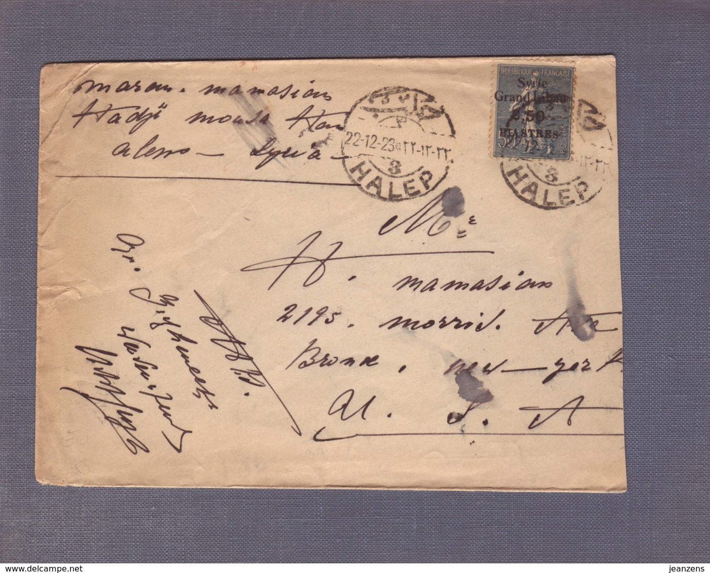 Lettre  Aff Semeuse Lignée 50c Surch. Syrie- Grand Liban  Obl. Halep 22.12.1923-> New York - Lettres & Documents