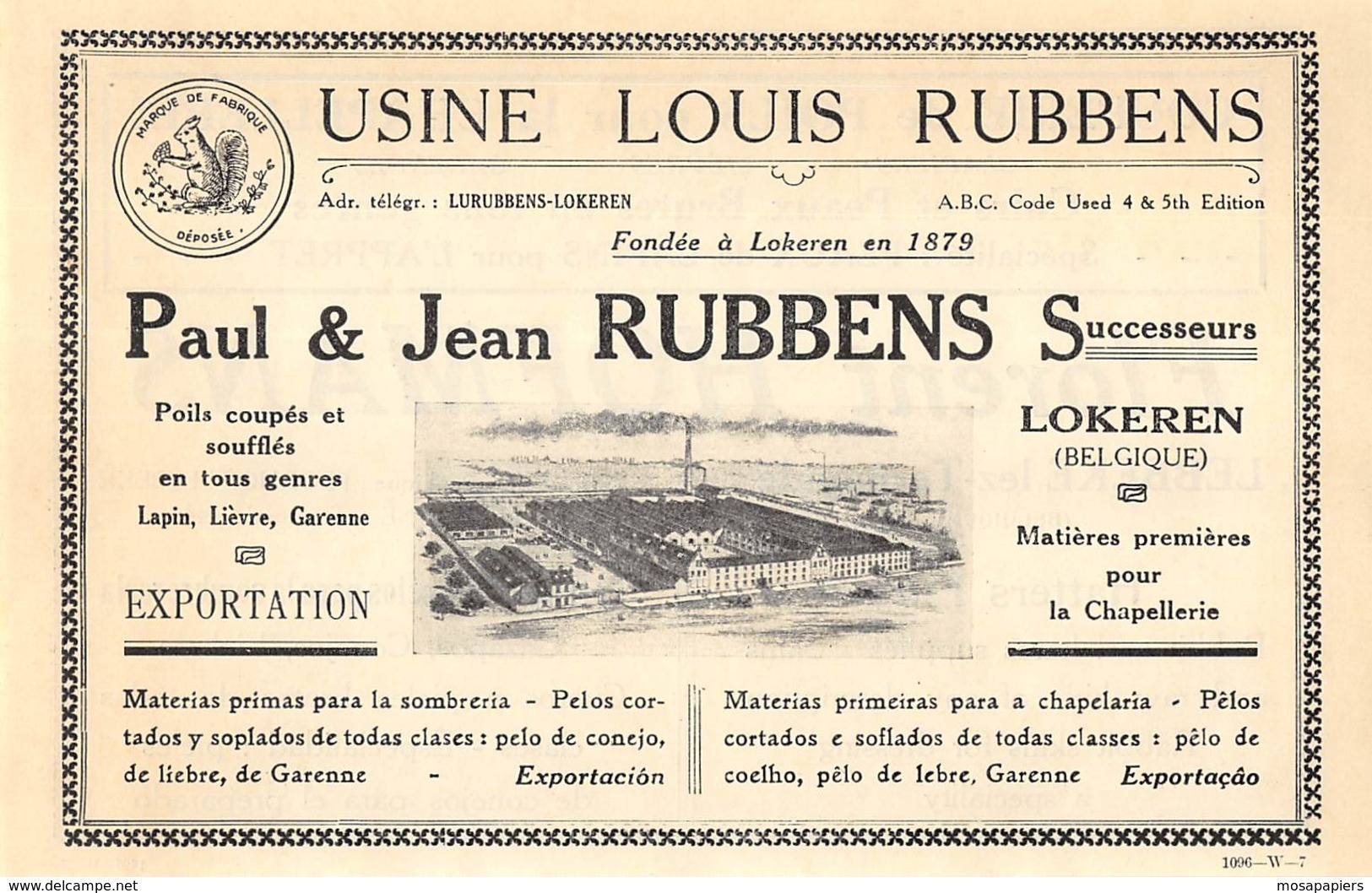 1927 - LOKEREN - Usines Louis RUBBENS - Dim. 1/2 A4 - Publicités