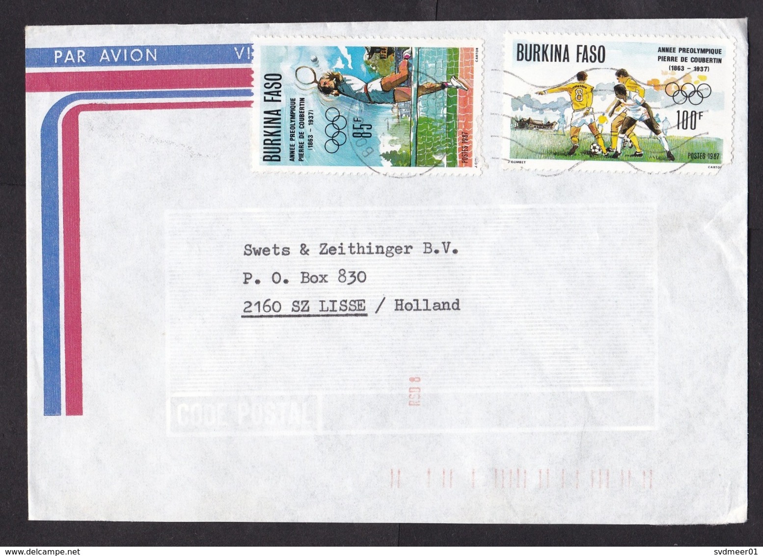 Burkina Faso: Airmail Cover To Netherlands, 2 Stamps, Olympics, Soccer, Tennis, Rare Real Use (both Stamps Damaged!) - Burkina Faso (1984-...)