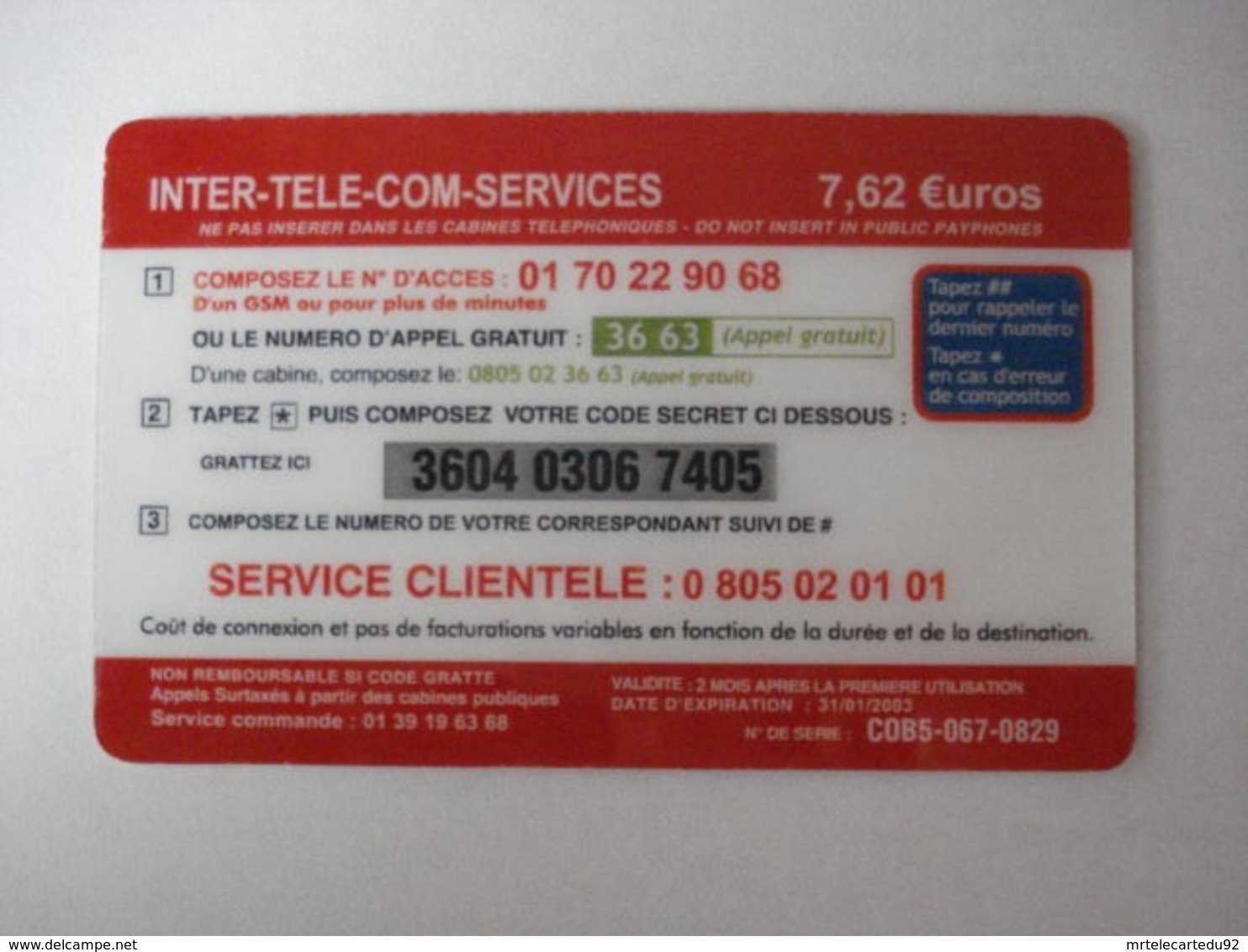 Carte Téléphonique Prépayée " Inter-Tele-Com-Services "  (utilisée). - Kaarten Voor De Telefooncel (herlaadbaar)