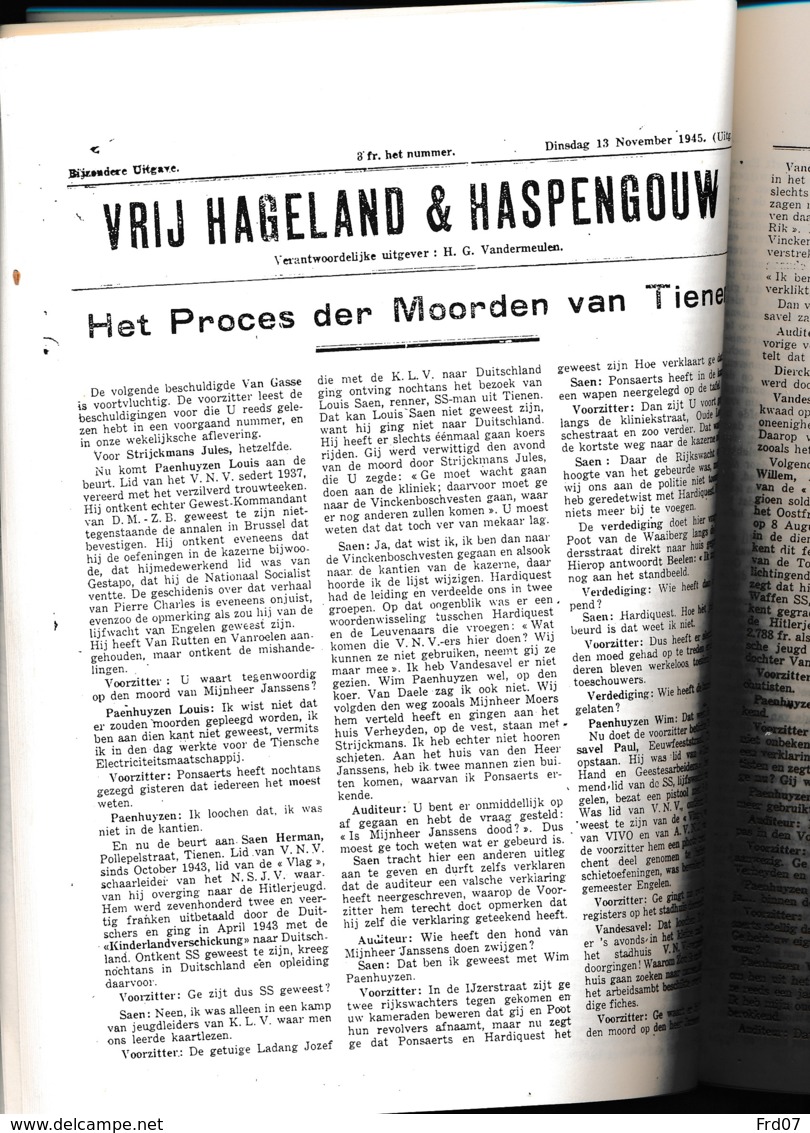 Vrij Hageland & Haspengauw - Het Proces Der Moorden Van Tienen72blz A4 - Kranten Kopijen November 1945 - Histoire