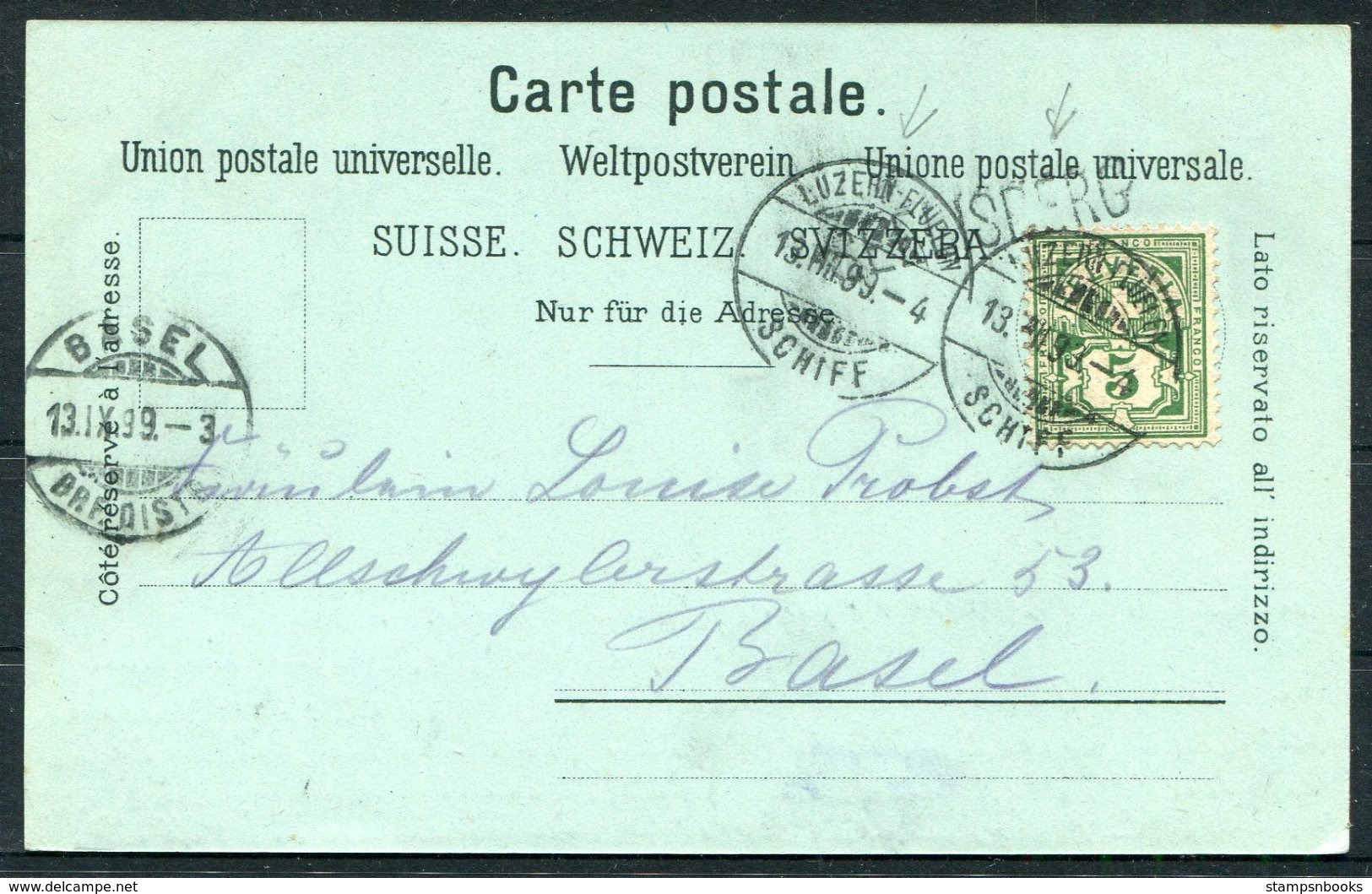1899 Switzerland Gruss Aus Luzern Lion Postcard. LUZERN-FLÜELEN SCHIFF Schweiz Schiffpost Stempel - Basel - Storia Postale