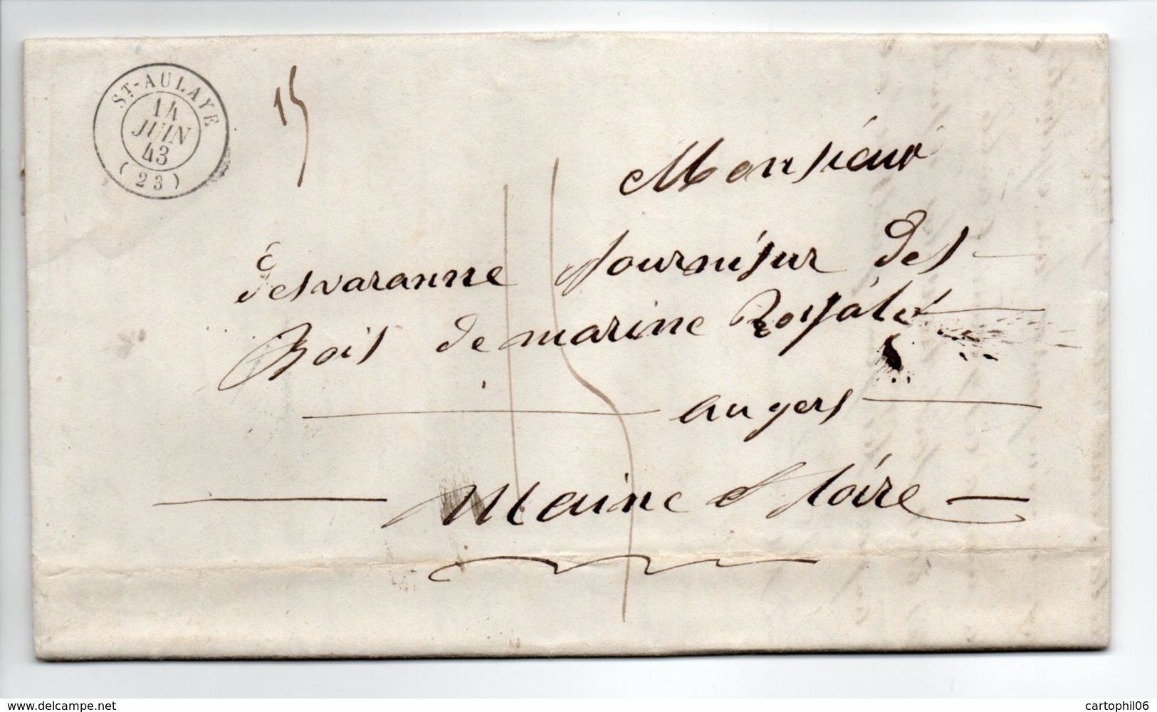 - Lettre SAINT-AULAYE (Dordogne) Pour ANGERS (Maine-et-Loire) 14 JUIN 1843 - Taxe Manuscrite 15 Décimes - - 1801-1848: Precursors XIX