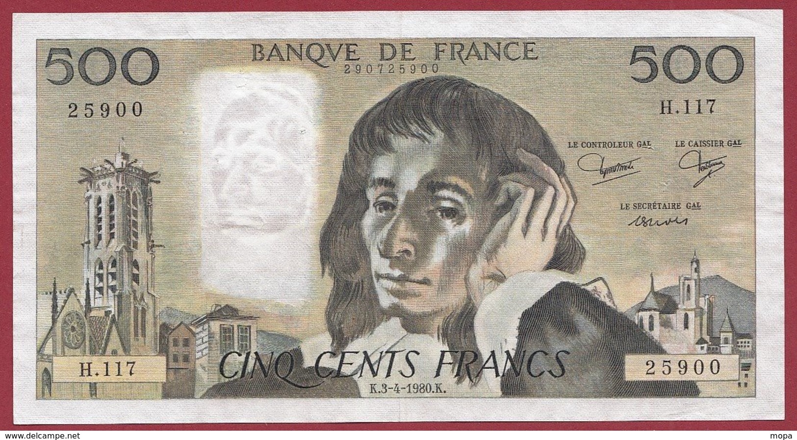 500 Francs "Pascal" Du  03/04/1980. K.---F/TTB+-----ALPH H.117 - 500 F 1968-1993 ''Pascal''