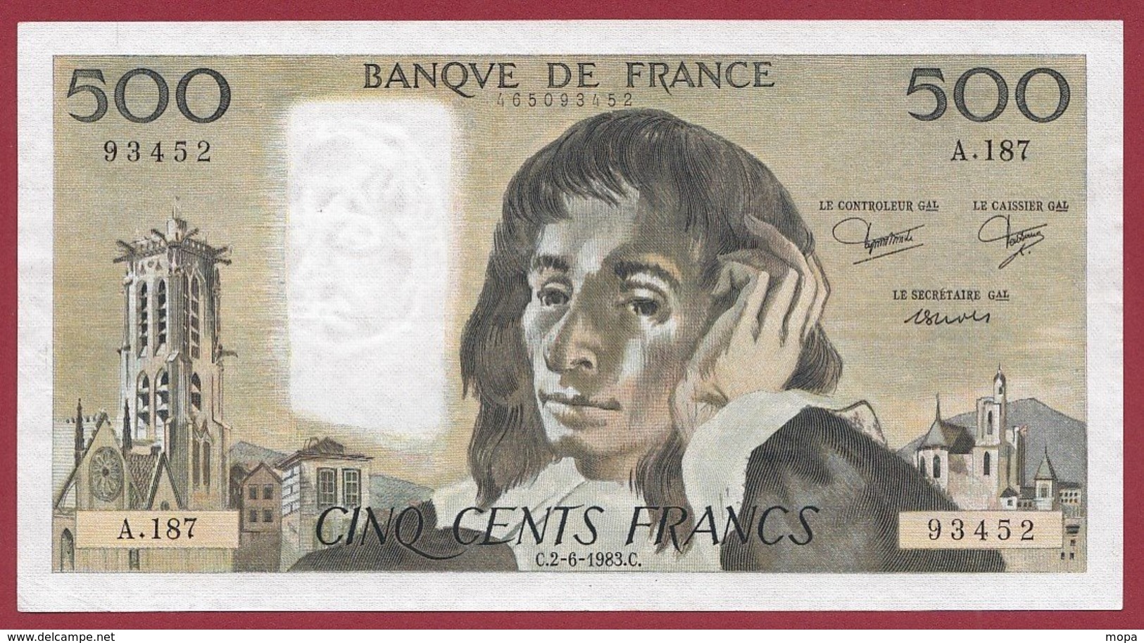 500 Francs "Pascal" Du  02/06/1983. C.---VF/SUP-----ALPH .A.187 - 500 F 1968-1993 ''Pascal''