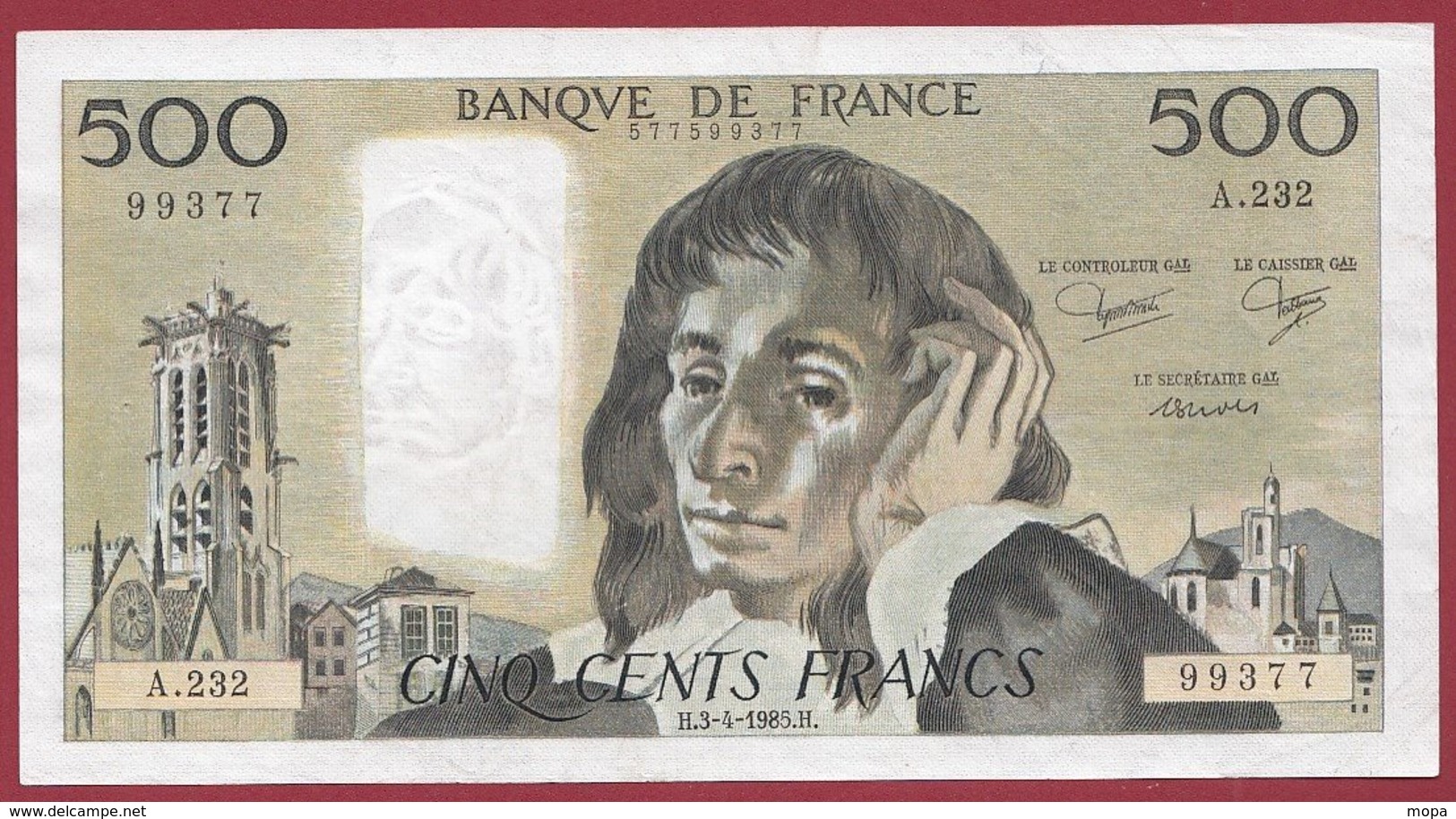 500 Francs "Pascal" Du  03/04/1985. H.---VF/SUP-----ALPH .A.232 - 500 F 1968-1993 ''Pascal''