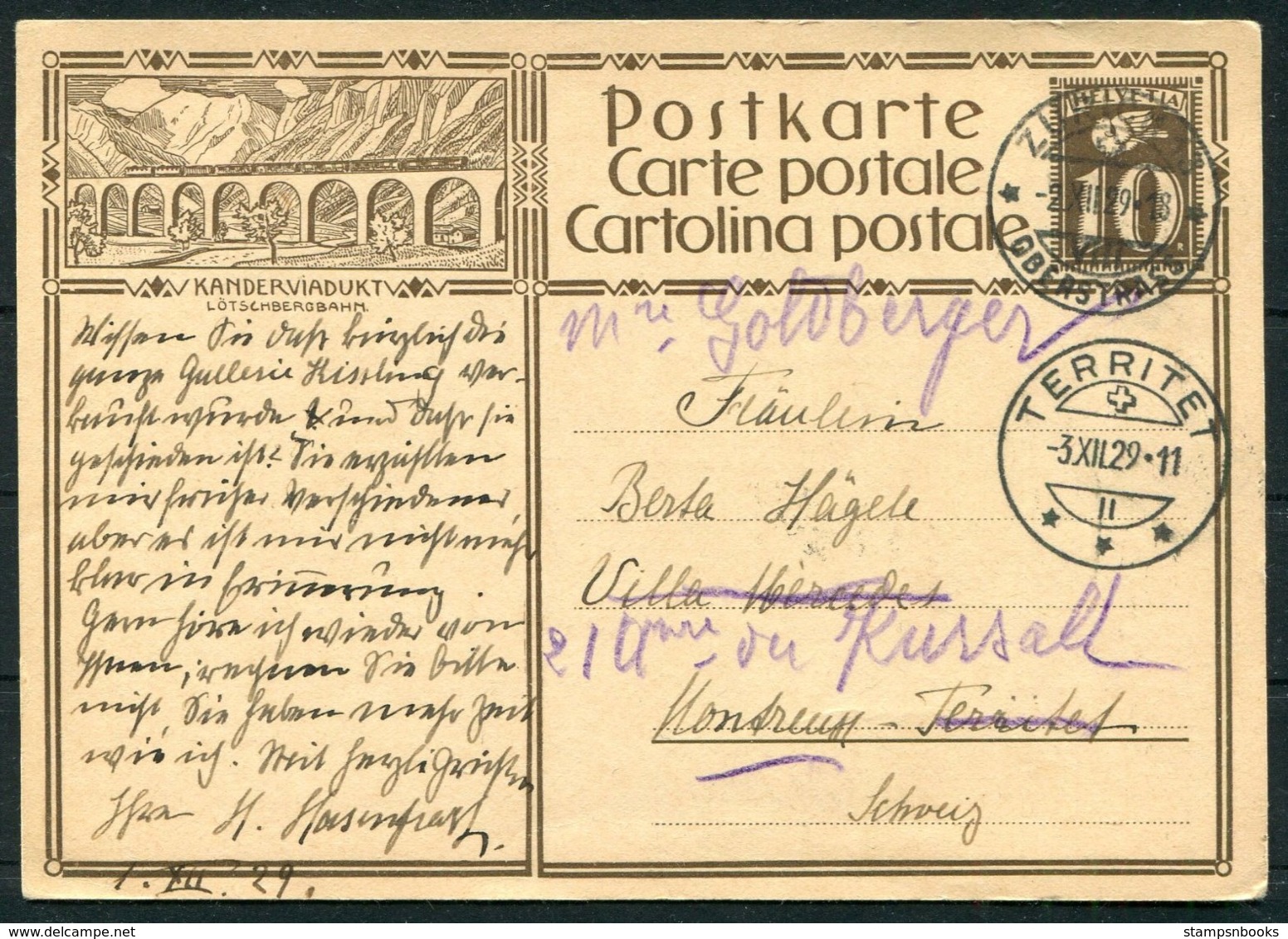 1929 Switzerland Postkarte Kanderviadukt Railway Train Stationery Postcard Zurich - Territet - Interi Postali