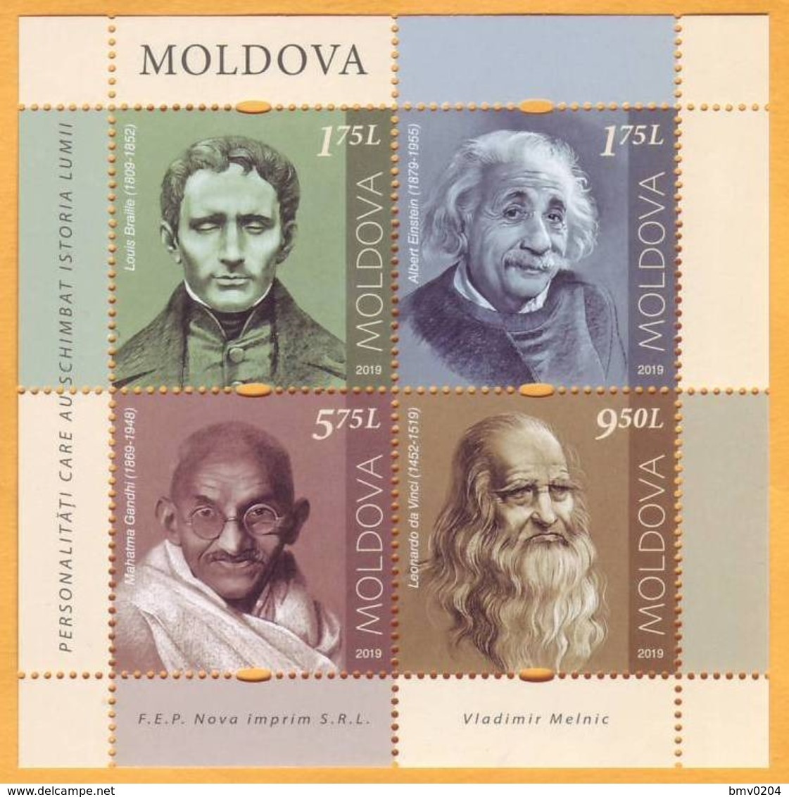 2019 Moldova Moldavie Sheet  Leonardo Da Vinci, Louis Braille, Albert Einstein, Mahatma Handhi  . - Autres & Non Classés