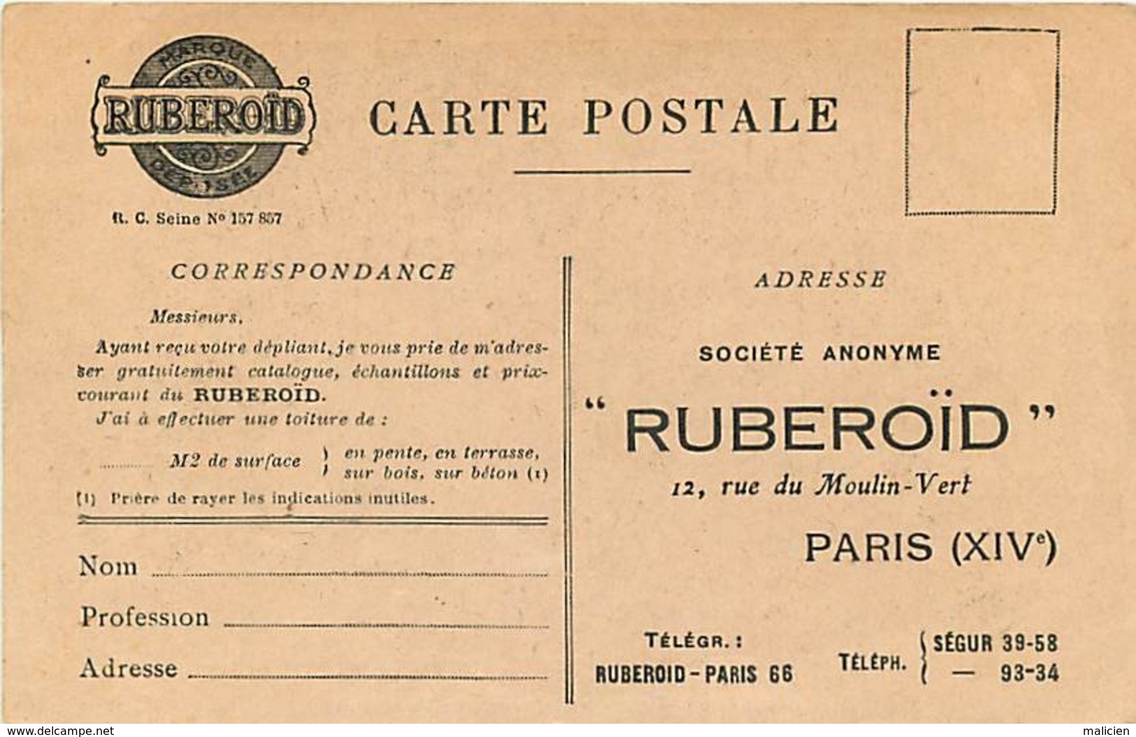 Dpts Div.-ref-AN318- Paris - Pubicitél S.a. Ruberroïd - 12 Rue Du Moulin Vert -couvrant Combles Magasins " à Réaumur "- - Arrondissement: 14