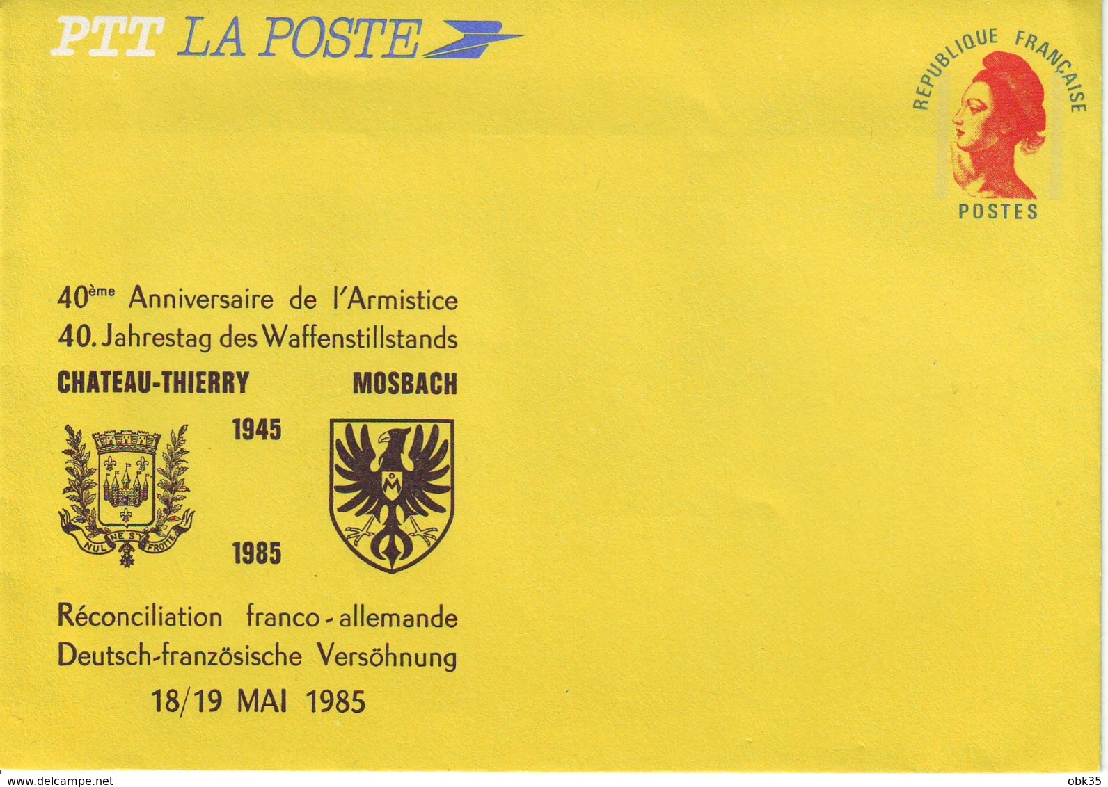 E37. LETTRE REPIQUÉE LIBERTÉ GANDON - 40 ANNIVERSAIRE ARMISTICE - CHÂTEAU THIERRY / MOSBACH ALLEMAGNE 1985 - Umschläge Mit Aufdruck (vor 1995)