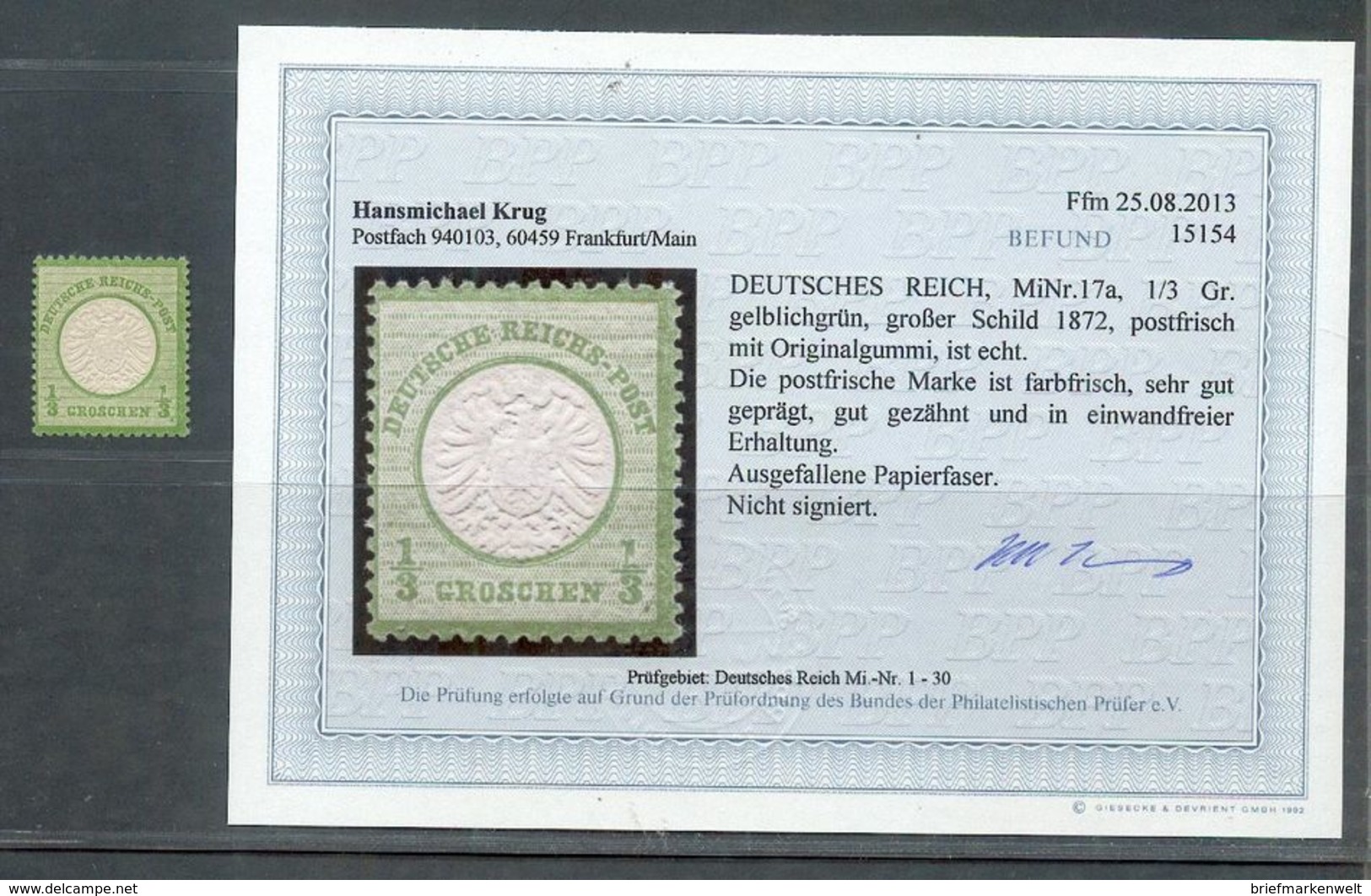 DR-Brustschild 17 LUXUS ** POSTFRISCH BPP Befund 180EUR (G2548 - Unused Stamps