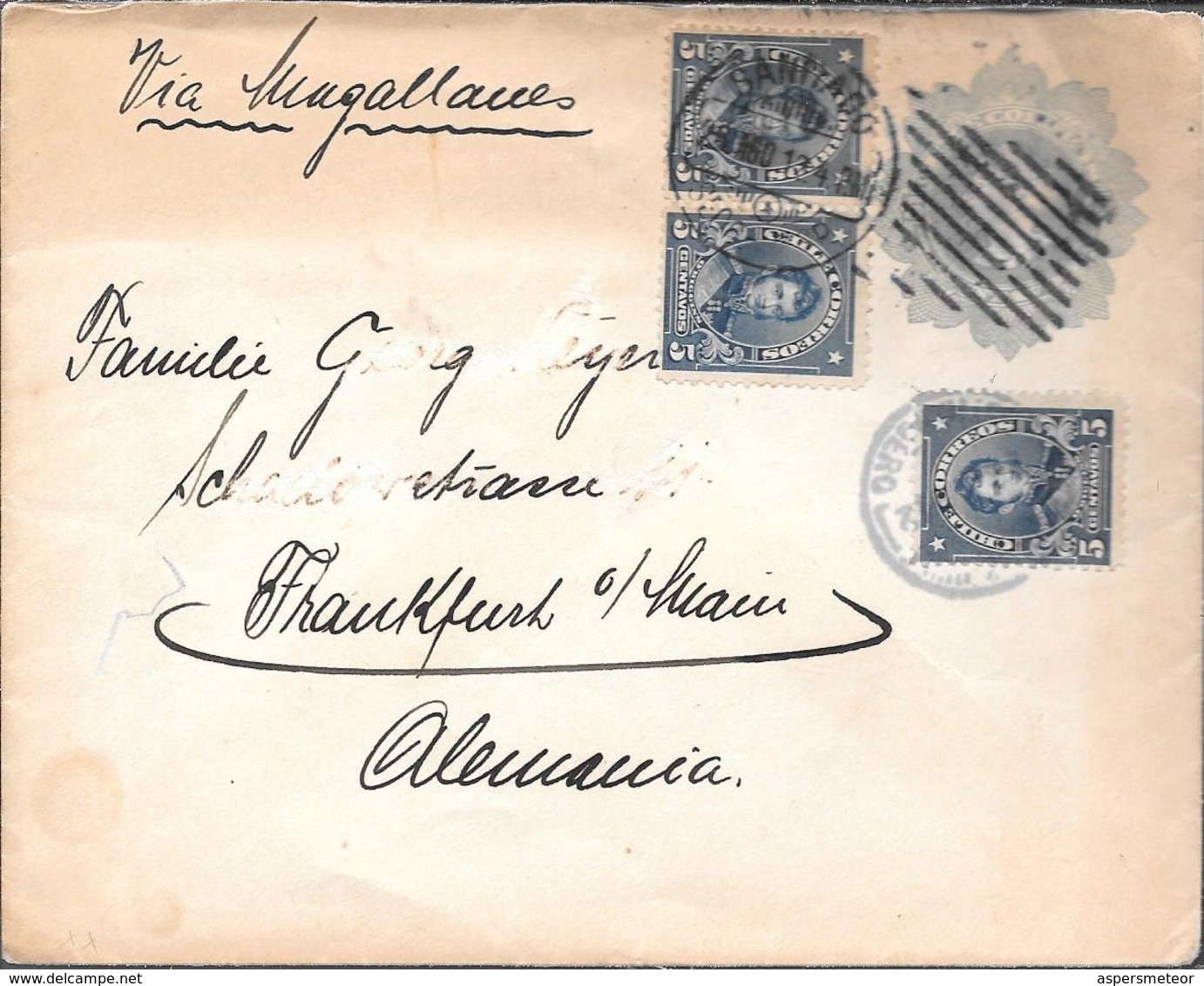 SANTIAGO DE CHILE 1913 A FRANKFURT AM MAIN ENVELOPPE CIRCULEE ENTIER AVEC 3 TIMBRES O'HIGGINS - Chile